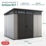 Keter Artisan 9 x 7 Foot Large Modern Design Outdoor Shed Durable Resin Backyard Furniture for Lawn Equipment, Bikes, and Gardening Tools, Gray/Black Keter
