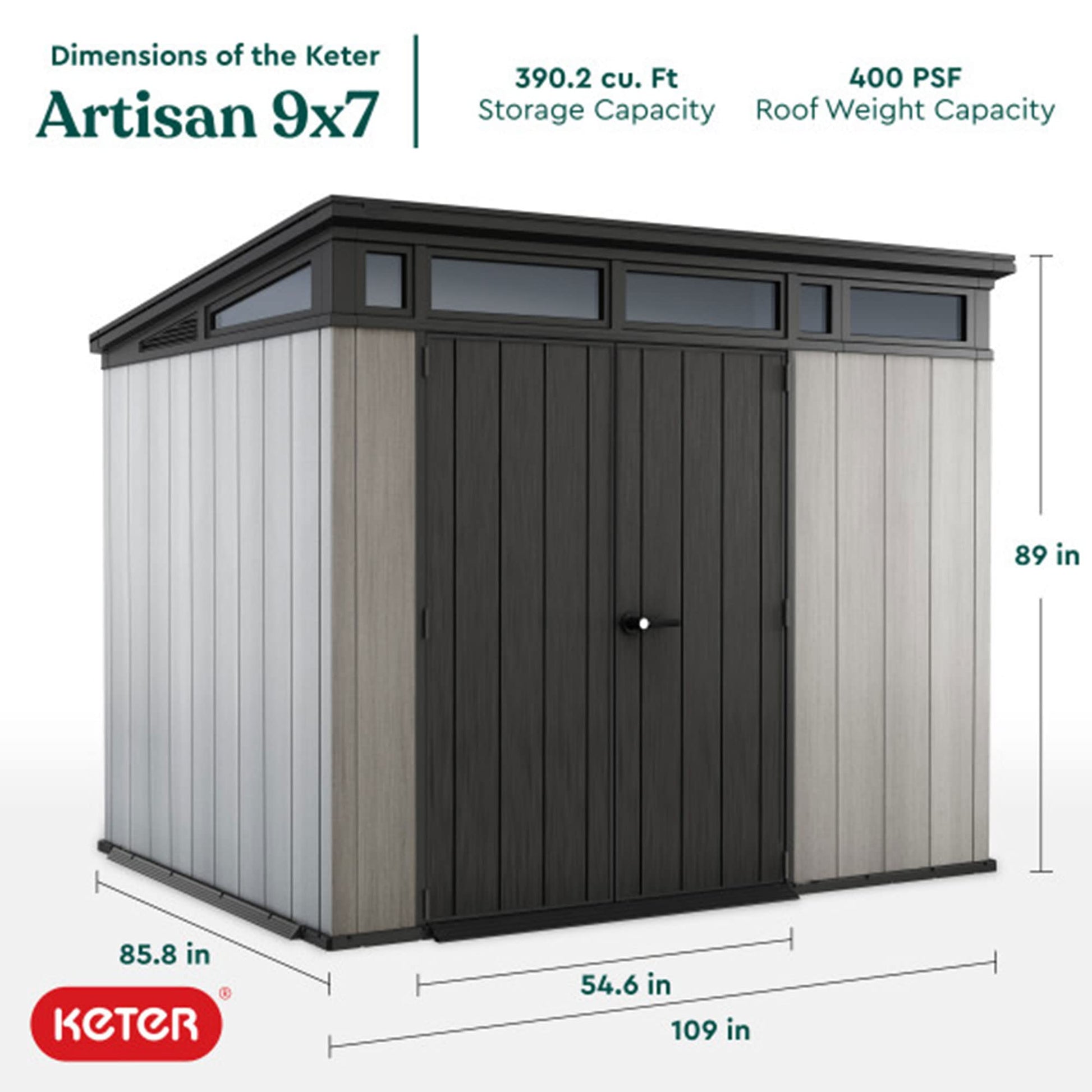 Keter Artisan 9 x 7 Foot Large Modern Design Outdoor Shed Durable Resin Backyard Furniture for Lawn Equipment, Bikes, and Gardening Tools, Gray/Black - WoodArtSupply