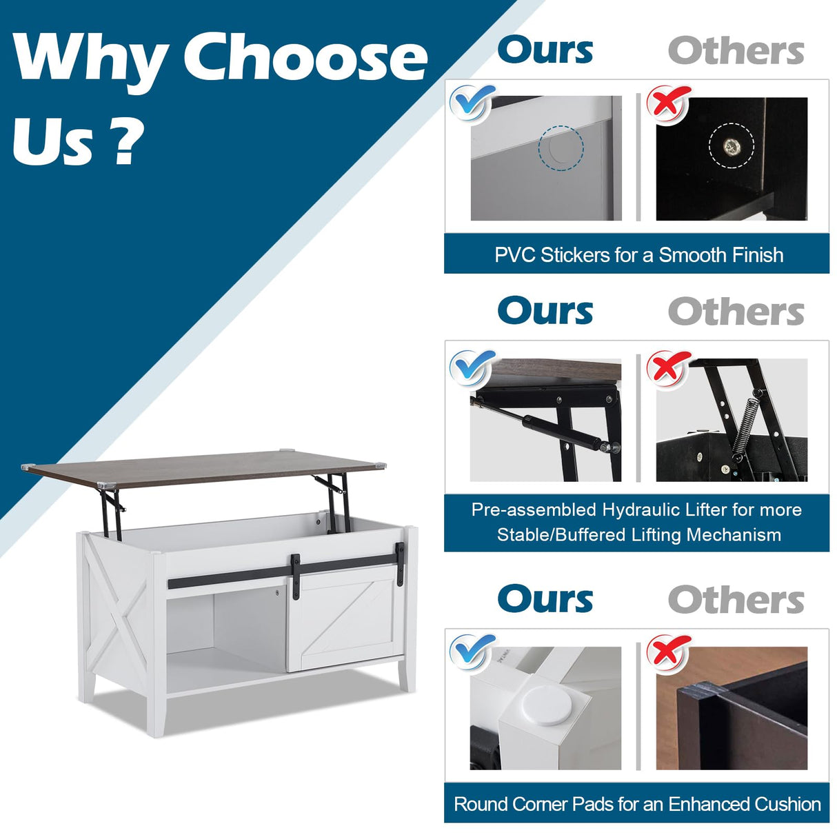 VINGLI White Oak Lift Top Coffee Table, 36" Small Farmhouse Barn Door Coffee Table with Storage, Rectangular Center Wood Coffe Table with Lifting Top,Lift Up Living Room Tables with Hidden Compartment VINGLI