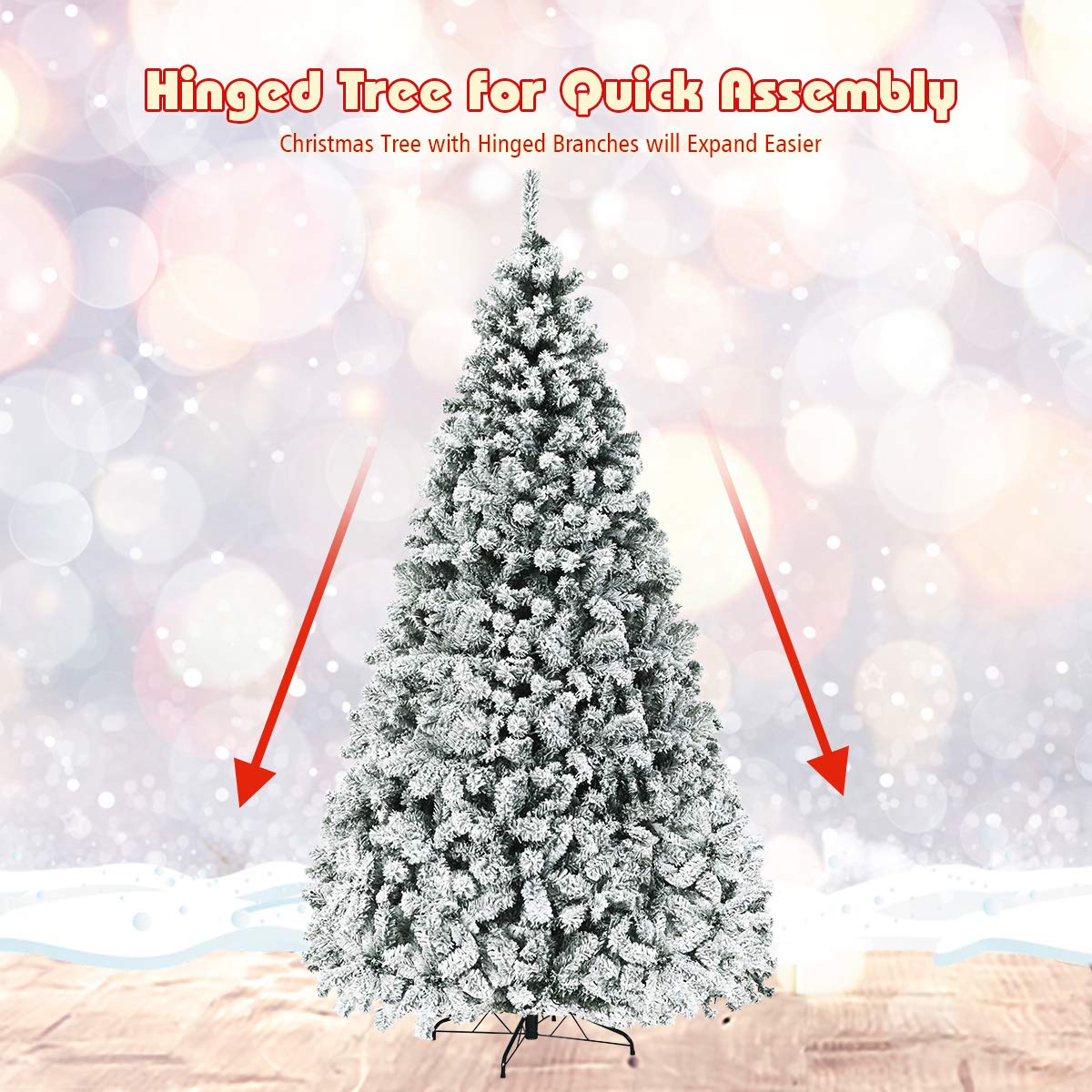 COSTWAY 9 FT Pre-Lit Christmas Tree, Snow Flocked Hinged Xmas Tree with 1498 Branches Tips & 550 LED Lights, Metal Stand, Artificial Pine Lighted Holiday Tree for Home Office Decorations