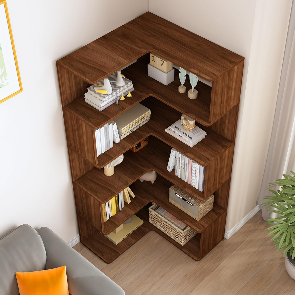IOTXY 6-Tier L-Shaped Corner Bookshelf - 66" Tall Wooden Freestanding Bookcase with Open Shelf Units, Walnut IOTXY