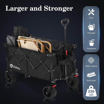 Sekey 220L Collapsible Foldable Wagon with 330lbs Weight Capacity, Heavy Duty Folding Utility Garden Cart with Big All-Terrain Beach Wheels & Drink Holders. Black - WoodArtSupply