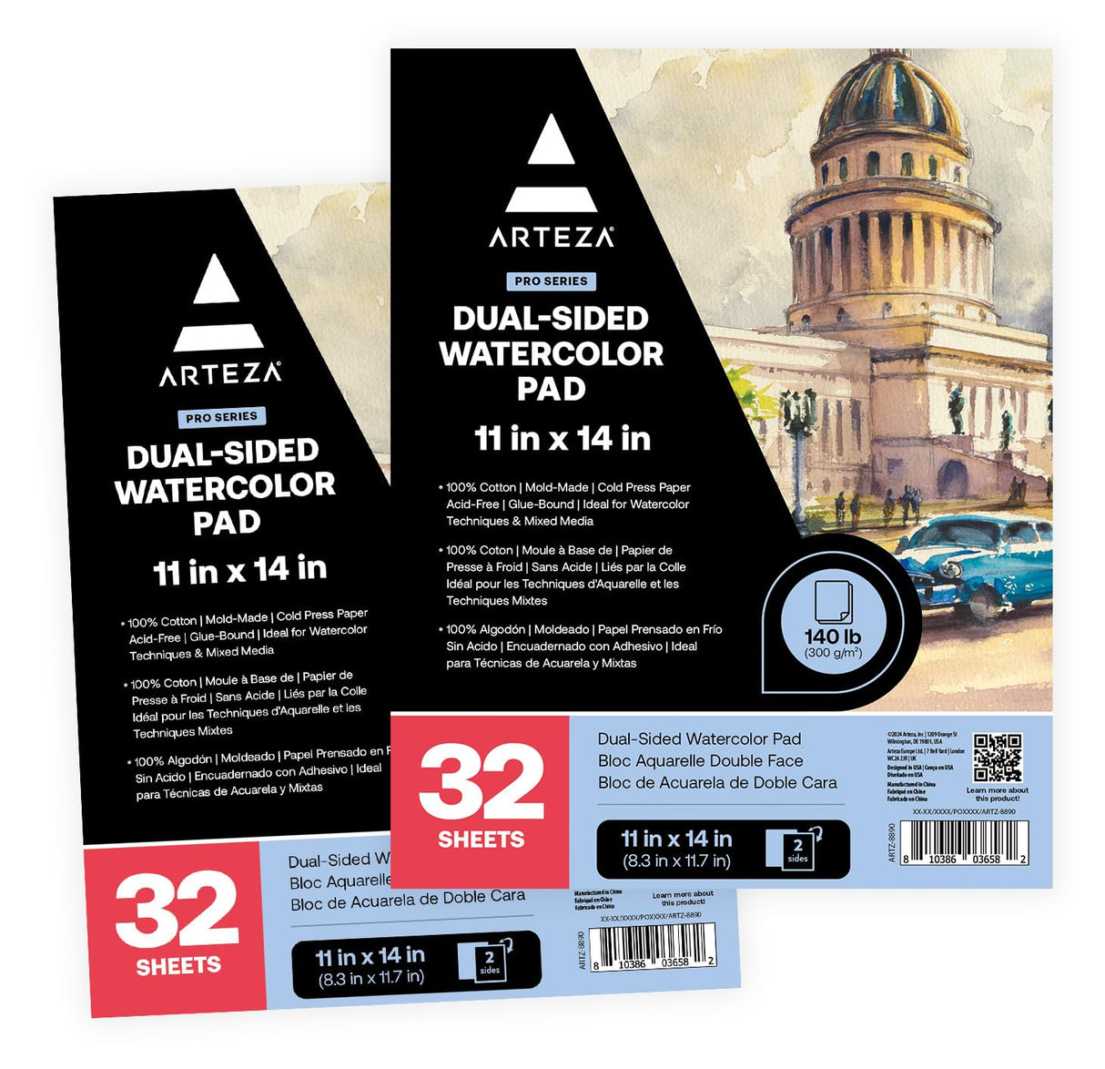 ARTEZA Watercolor Paper, Pack of 2, 32 Sheets Each, 11x14 Inches Watercolor Sketchbook, 140lb/300gsm, Cold Press, Acid Free Art Paper ARTEZA