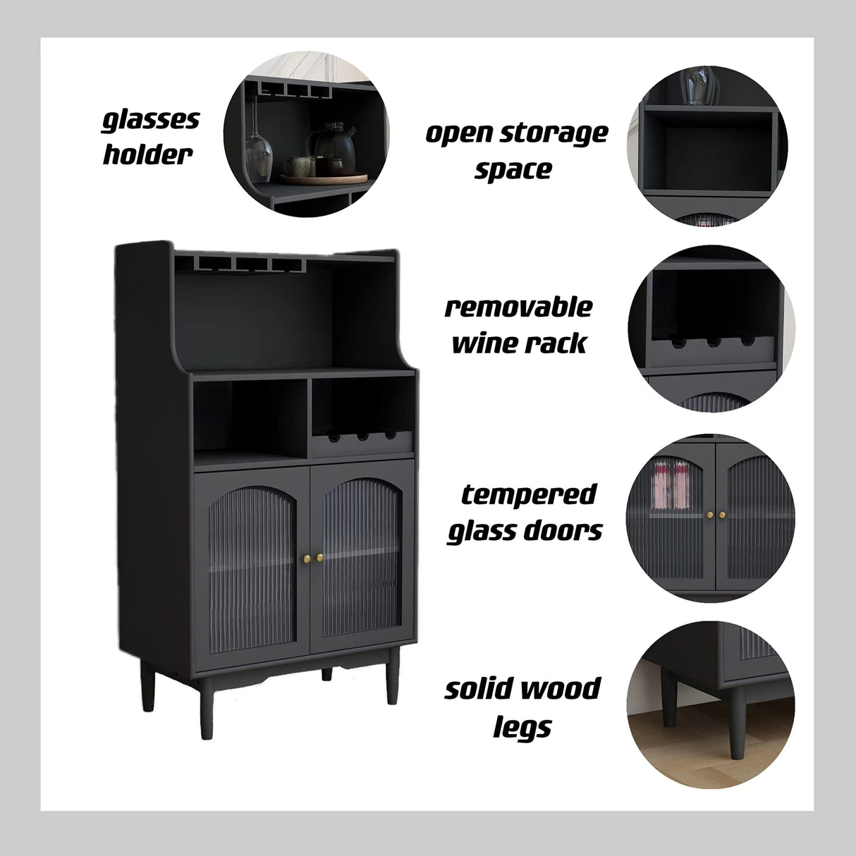 Loscear Wine Liquor Cabinet Bar for Home with Removable Wine Rack and Storage, Dark Grey Wood Coffee Bar Cabinets for Home with Solid Wood Legs and Locsear