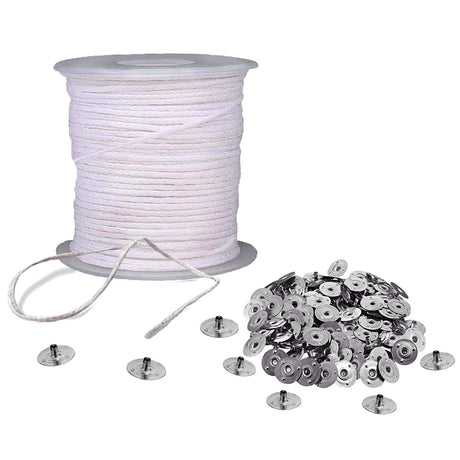 BEADNOVA Braided Candle Wick Spool with Base Set 200 ft Cotton Candle String Roll and 300pcs Wick Clips Sustainer Tabs for Making DIY BEADNOVA