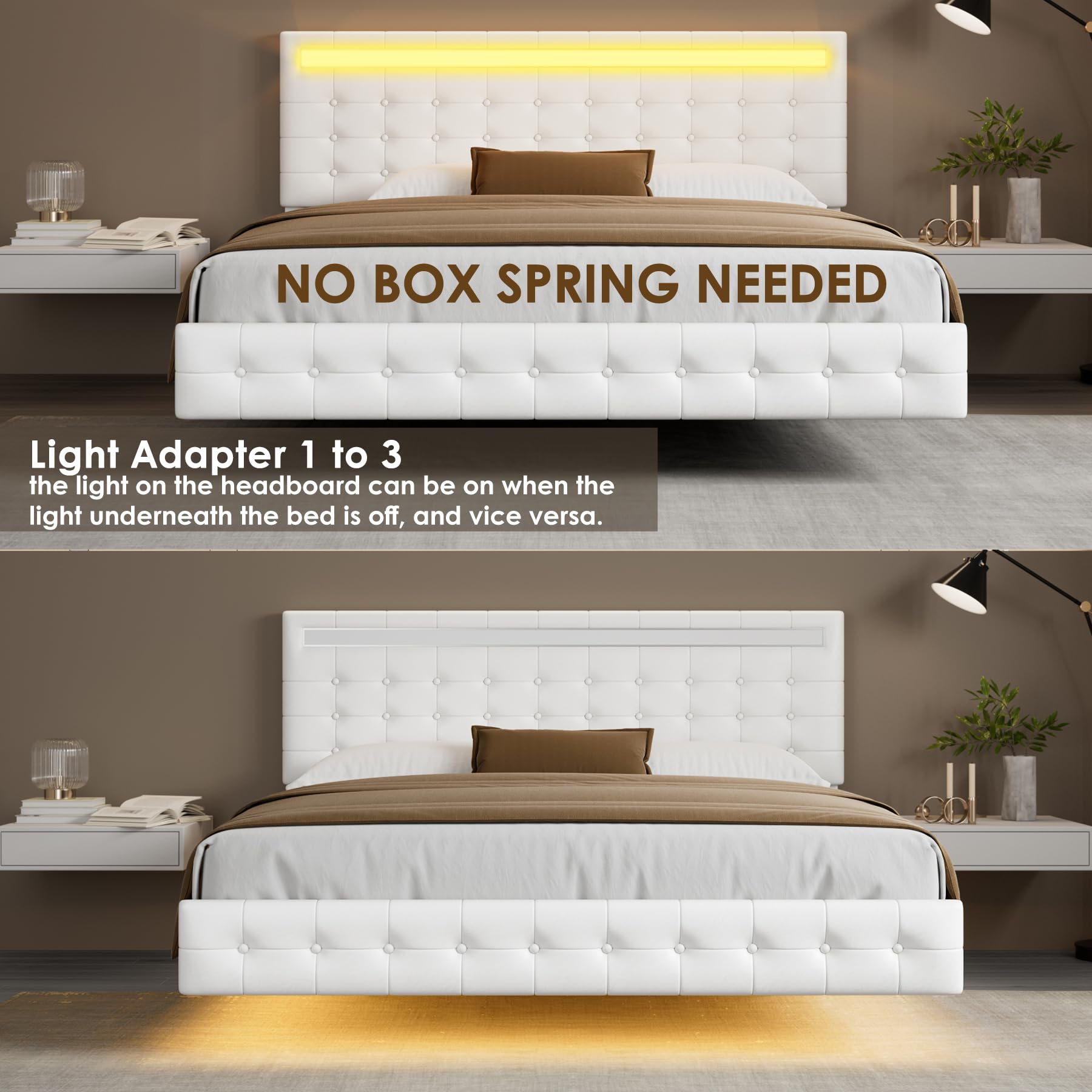 Keyluv Modern Floating Bed Frame with Adjustable LED Lights and Upholstered Leather Headboard - White - WoodArtSupply