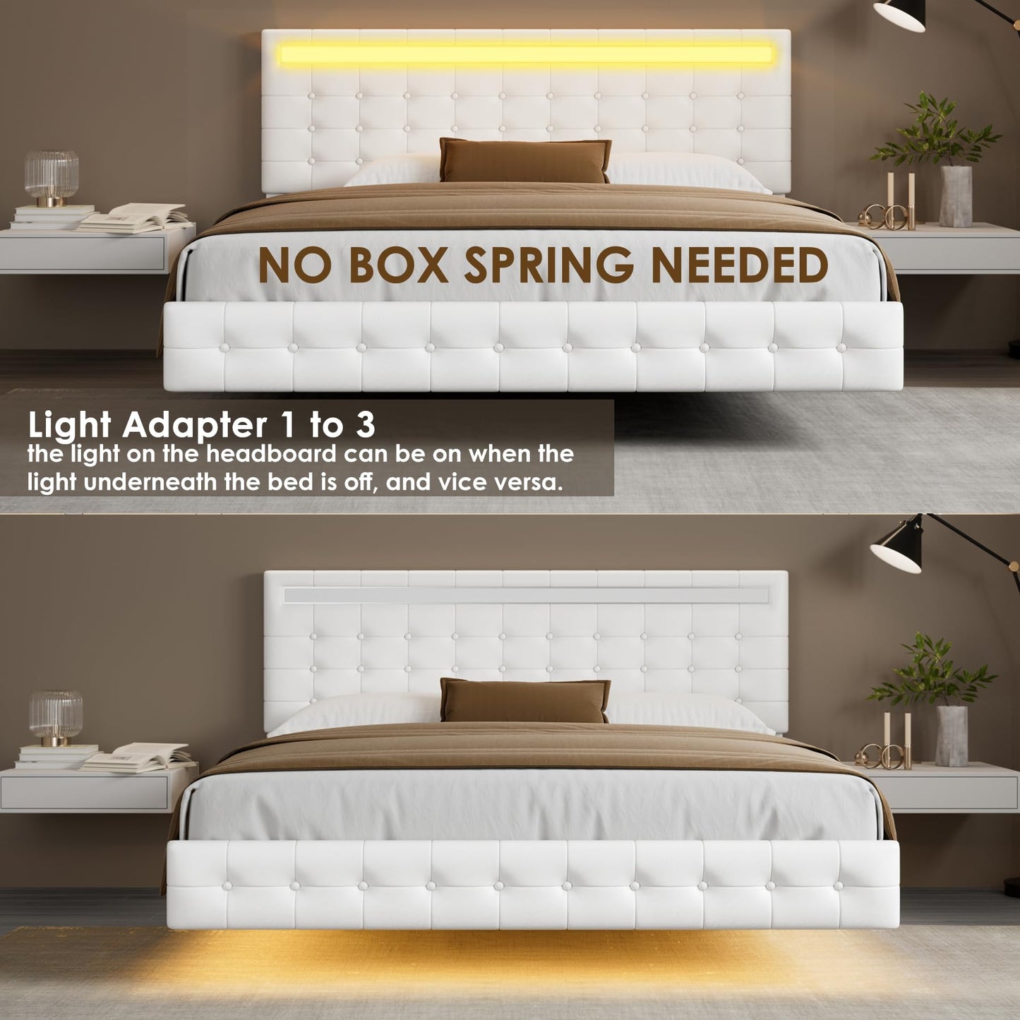 Keyluv Queen Floating Bed Frame with LED Lights and Upholstered Leather Headboard in White - WoodArtSupply