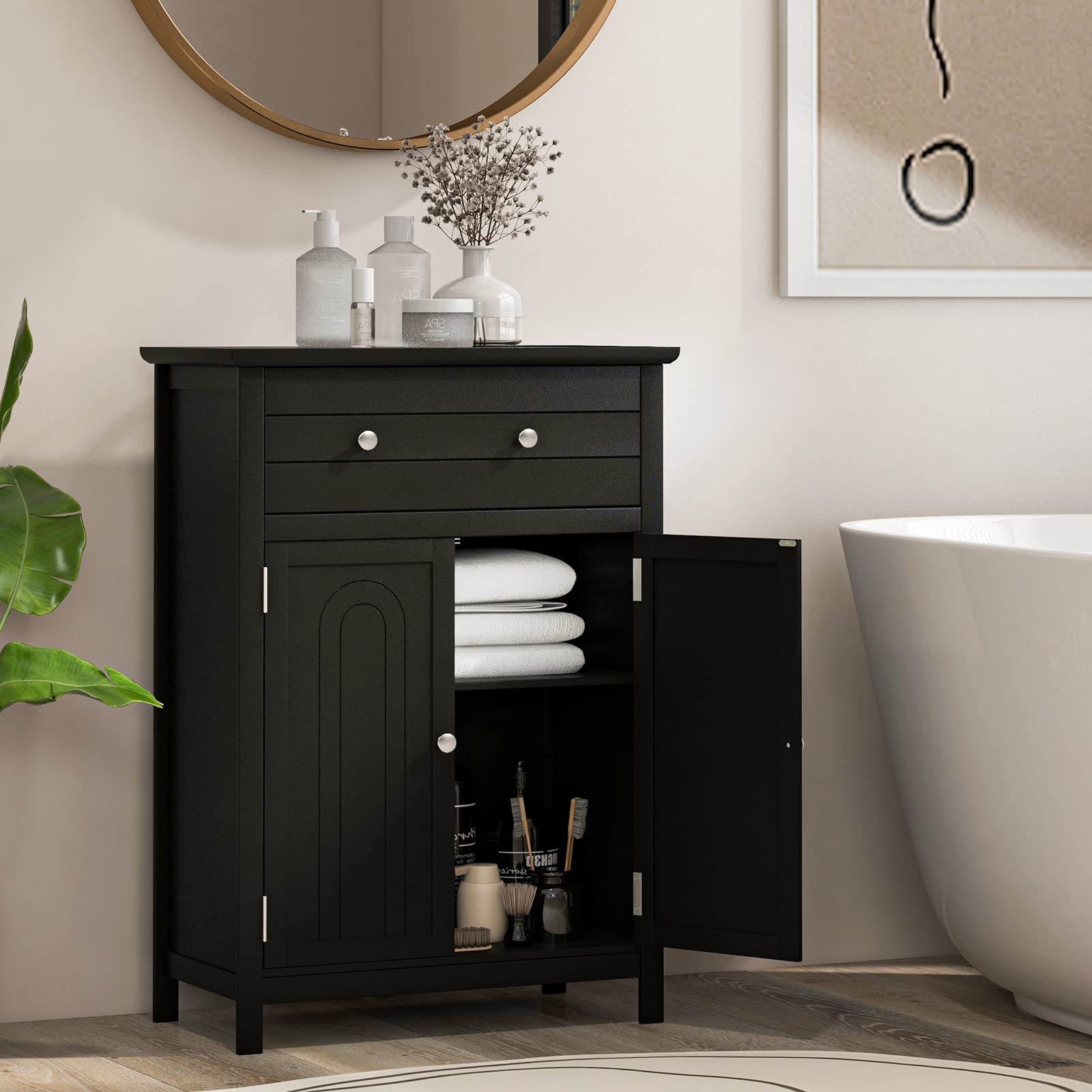 Tangkula Freestanding Black Bathroom Floor Cabinet with Adjustable Shelves and Large Drawer - WoodArtSupply