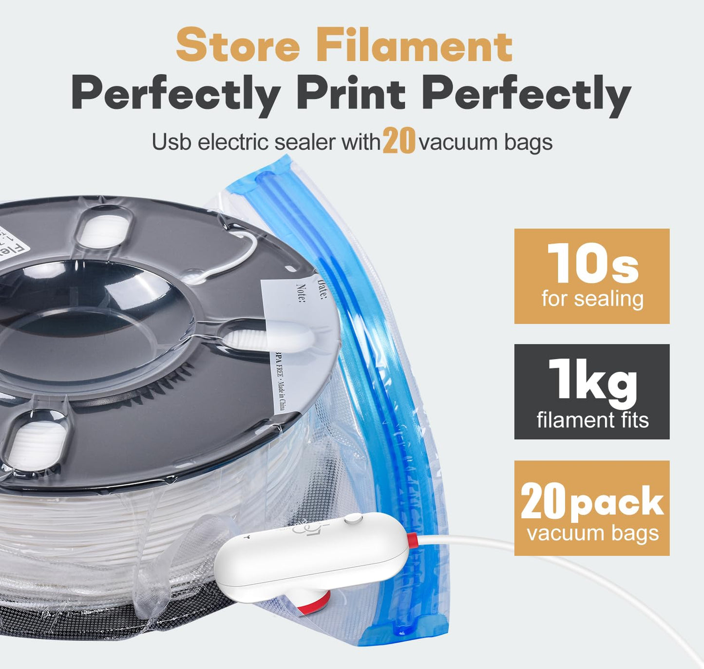 Vacbird 3D Filament Storage Bags Kit with Portable USB Pump, 20 Pack Vacuum sealling Bags, Keep Dry and Dust Proof - WoodArtSupply