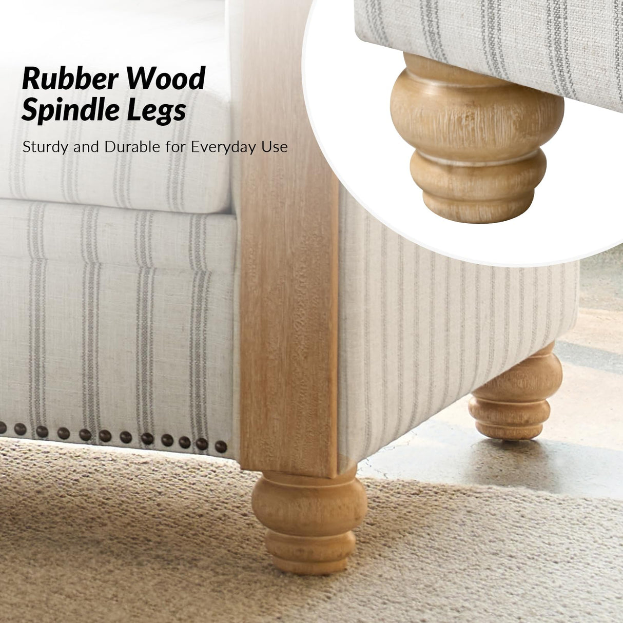 HULALA HOME 81" Farmhouse Couch with Stripe Pattern, 3 Seater Sofa with Solid Wood Legs and Rolled Wide Armrests, Comfy Upholstered Sofa with Nailhead Trims, FSC Certified, Stripe HULALA HOME