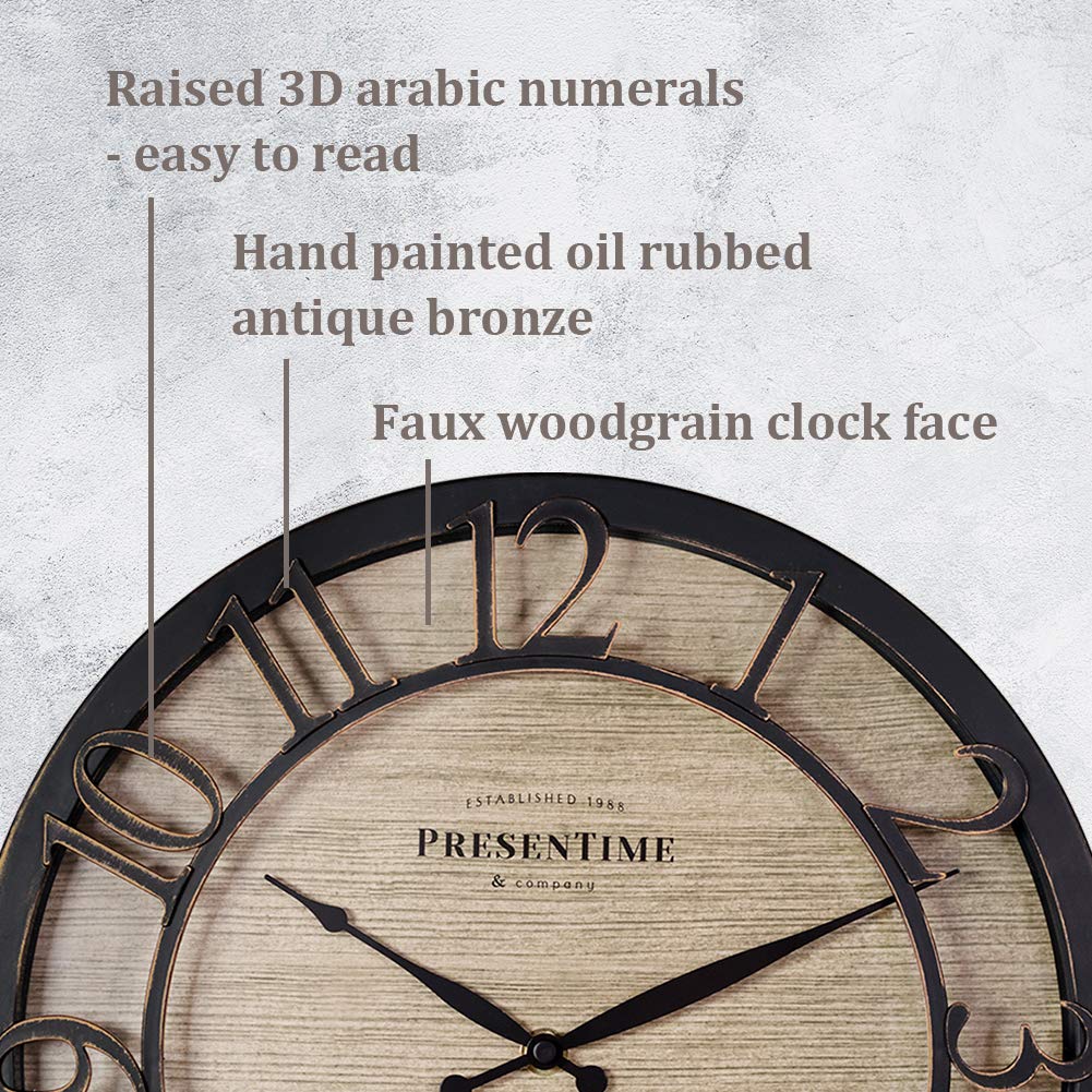 Presentime & Co 13" Farmhouse Series Wall Clock, Quartz Movement, Shiplap Style,Raised 3D Arabic Numeral, Oil Rubbed Bronze Presentime