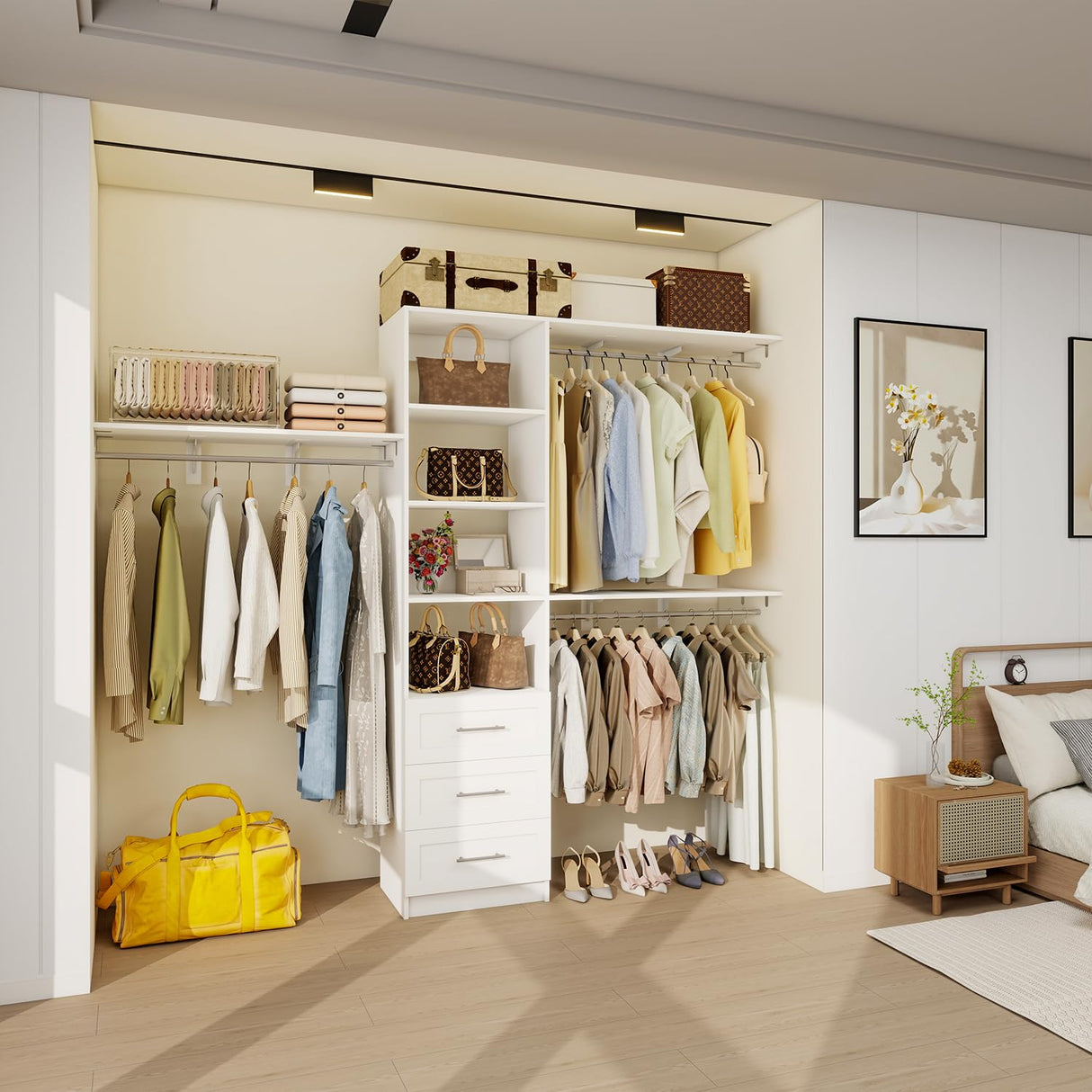 Sokiche Closet System with Drawers, 5FT-8FT Closet Organizer System with Shelves & Adjustable Hanging Rods, 96" Walk in Closet System Storage Wood, White Sokiche