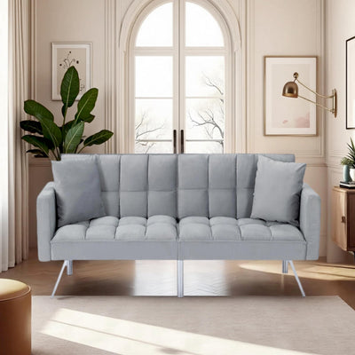 Modern Velvet Futon Sofa Bed,Convertible Sleeper Loveseat with 4 Folding Backrest,78" Comfy Deep Seat Cloud Couch Bed for Living Room Apartment Office (Light Grey)