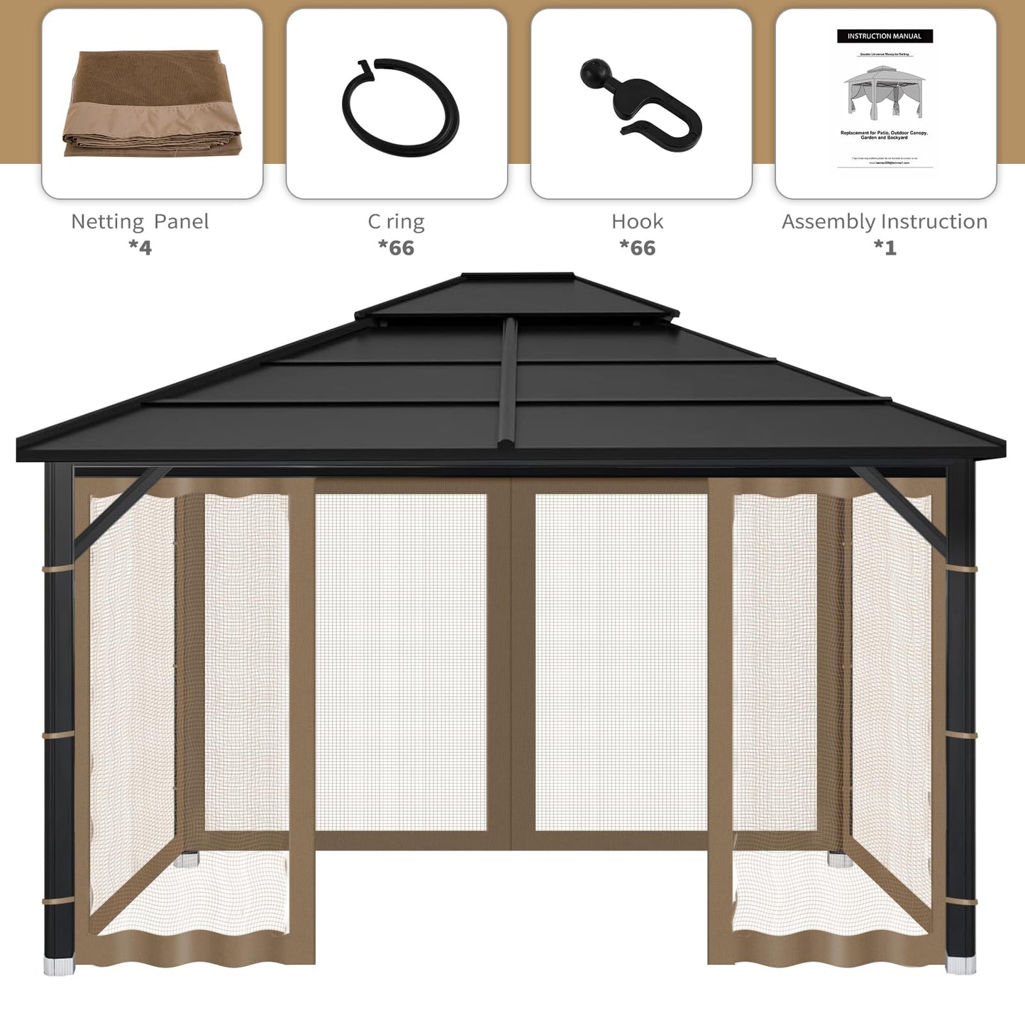 Gazebo Replacement Mosquito Netting Outdoor Universal Gazebo Canopy 4-Panels Screen Sidewalls with Zipper for Patio Garden Yard Backyard (Mosquito Net Only) (10x12, Brown)