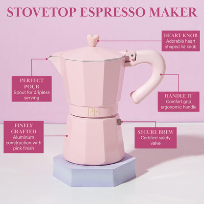 Paris Hilton Stovetop Espresso and Coffee Maker, Italian & Cuban Style Coffee Pot with Iconic Heart Knob, Perfect for Rich Aromatic Espresso, Makes up to 6 Espresso Cups, Pink