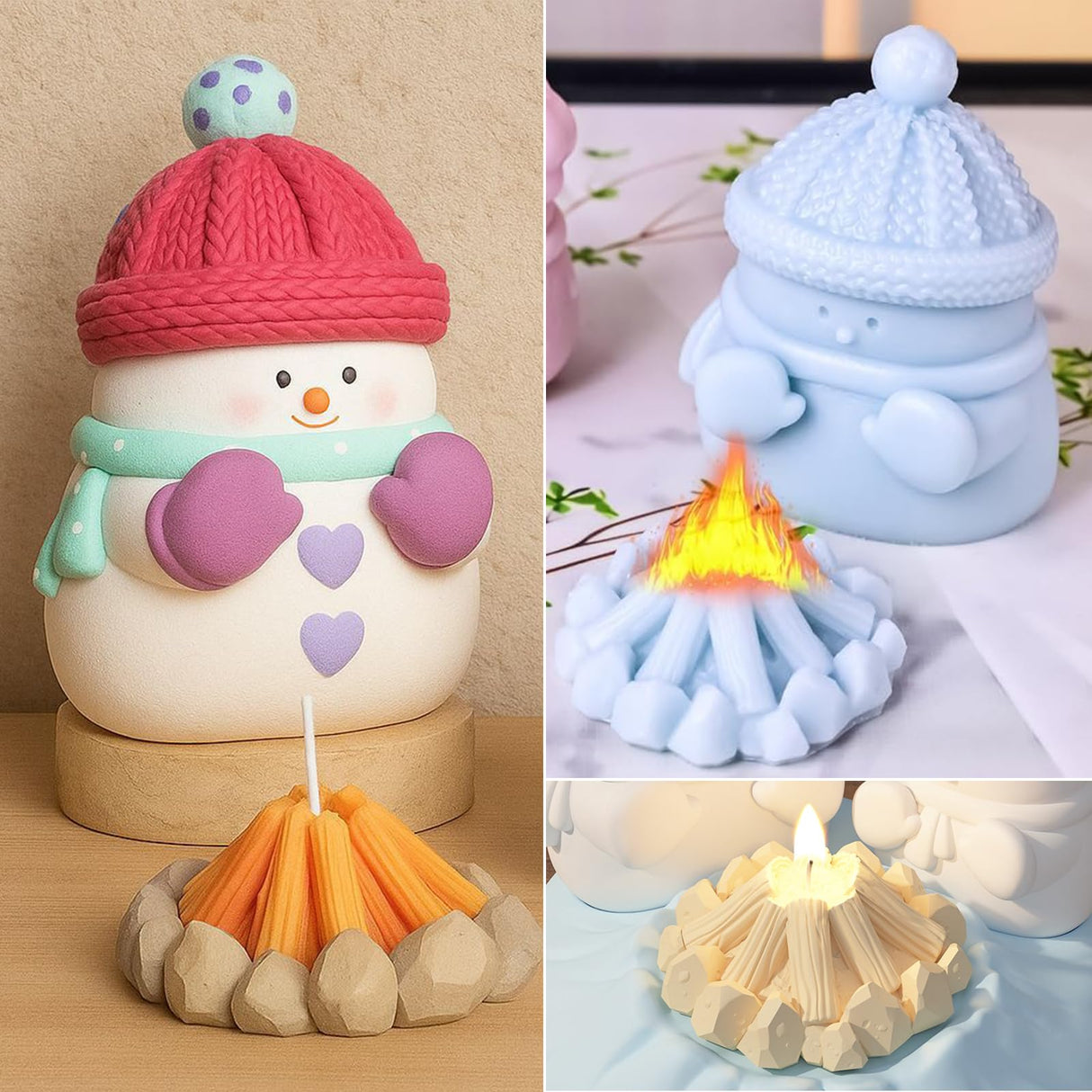 Cute Snowman with Fire Candle Silicone Molds, Christmas Ornament Molds for Epoxy Resin Candle Soap Wax, 3D Winter Holiday Chocolate Fondant Cake Decor Mold, Jewelry Pendant Keychain Art Craft Mold Wehous