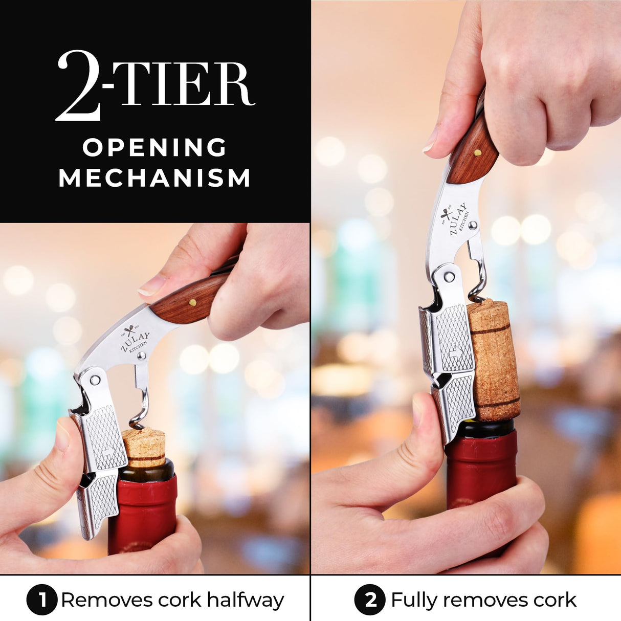 Zulay Kitchen Corkscrew Wine Opener - Premium 420 Stainless Steel & Rosewood Wine Bottle Opener - Double Hinged Opener with Foil Cutter & Cap Remover - Rosewood Zulay Kitchen