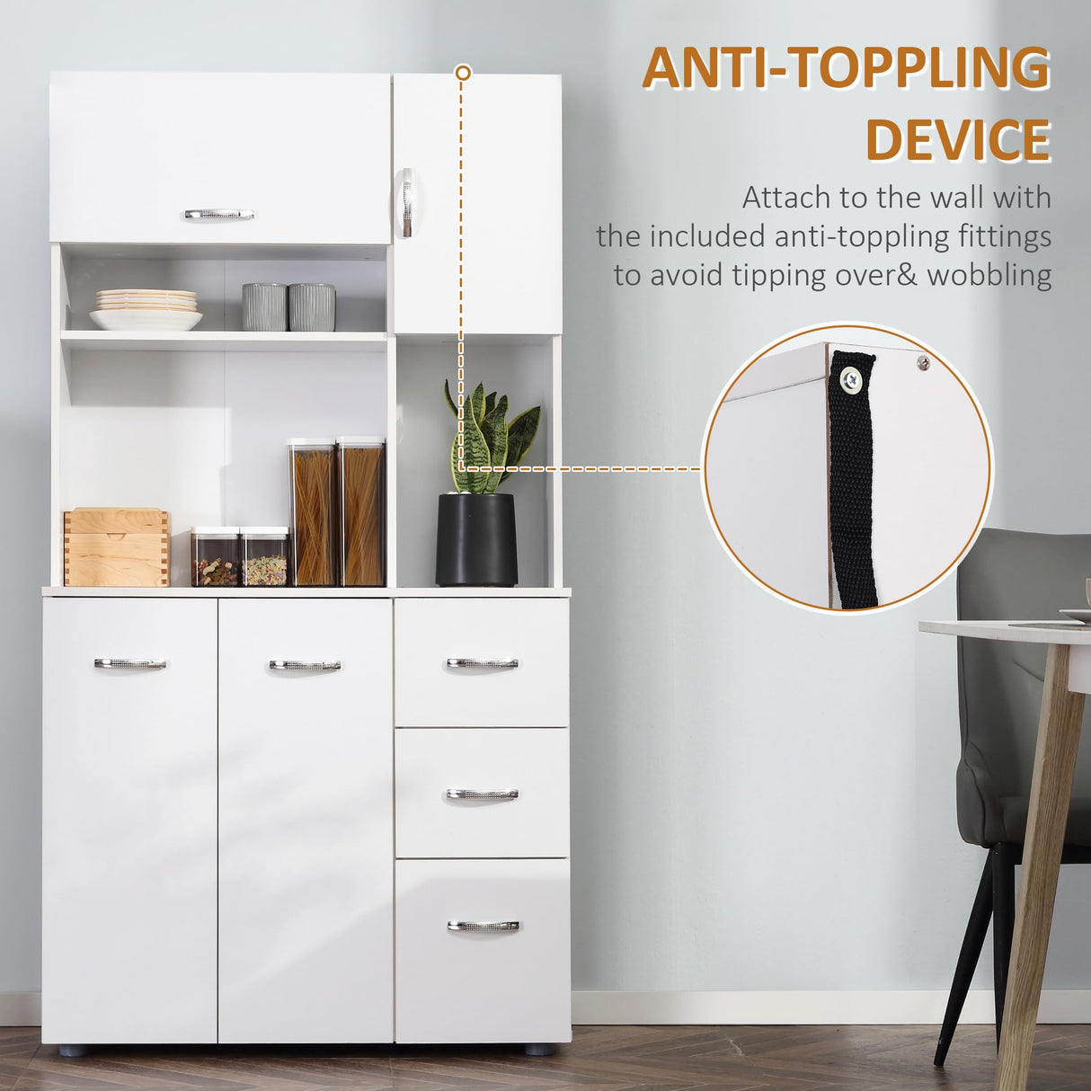 HOMCOM 66" Buffet with Hutch, Freestanding Kitchen Pantry with 2 Large Cabinets, 1 Pull Up Cabinet, 3 Drawers & Wide Countertop, White HOMCOM