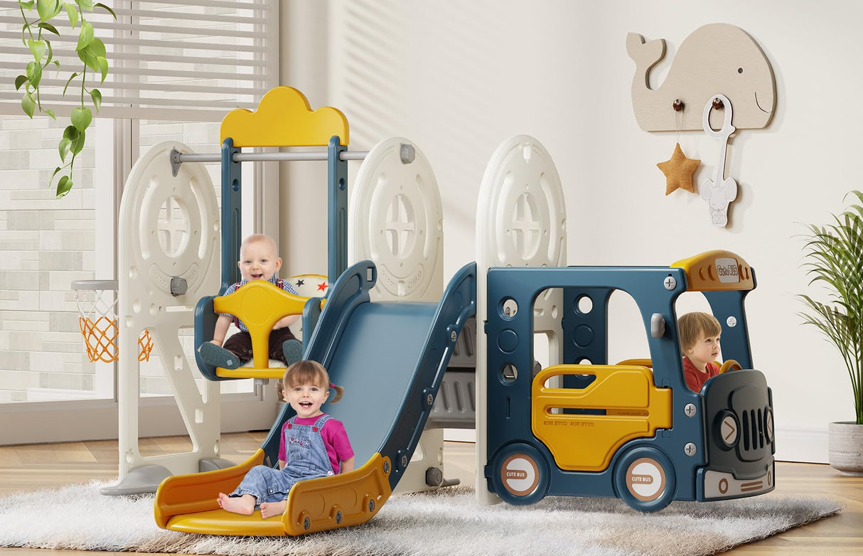 BIERUM Toddler Slide for Toddlers Age 1-3 with Basketball Hoop and Swing, Baby Slide for Kids Ideal Gift, Indoor Outdoor Backyard Playground Blue Yellow BIERUM