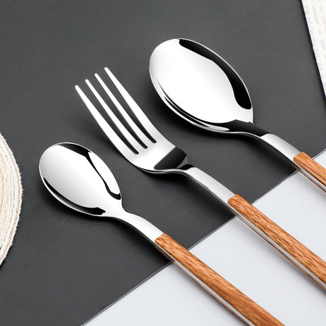 Stainless Steel Flatware Set for 4, Cutlery Utensils Set with Simulated Wooden Handle Include Knives Forks Spoons Service for 4, Mirror Polished and Dishwasher Safe (Silver) SNBNX