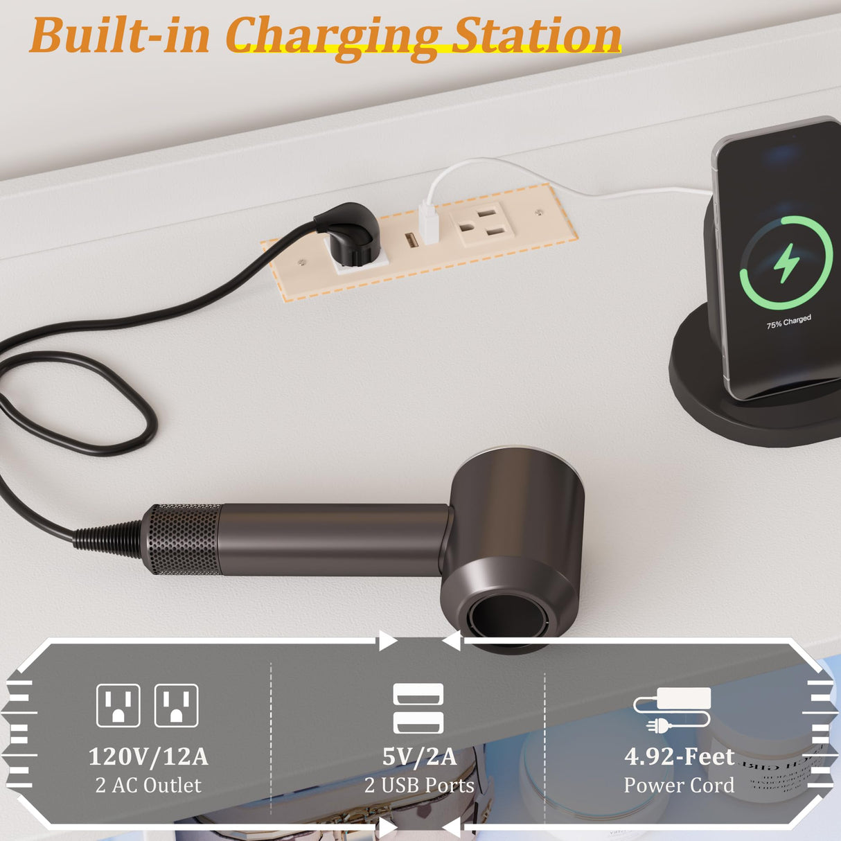 White Dresser for Bedroom with 6 Drawers, LED Dressers & Chests of Drawers with Power Strip, Modern Dressers Wide Storage for Bedroom Closet Whalefall