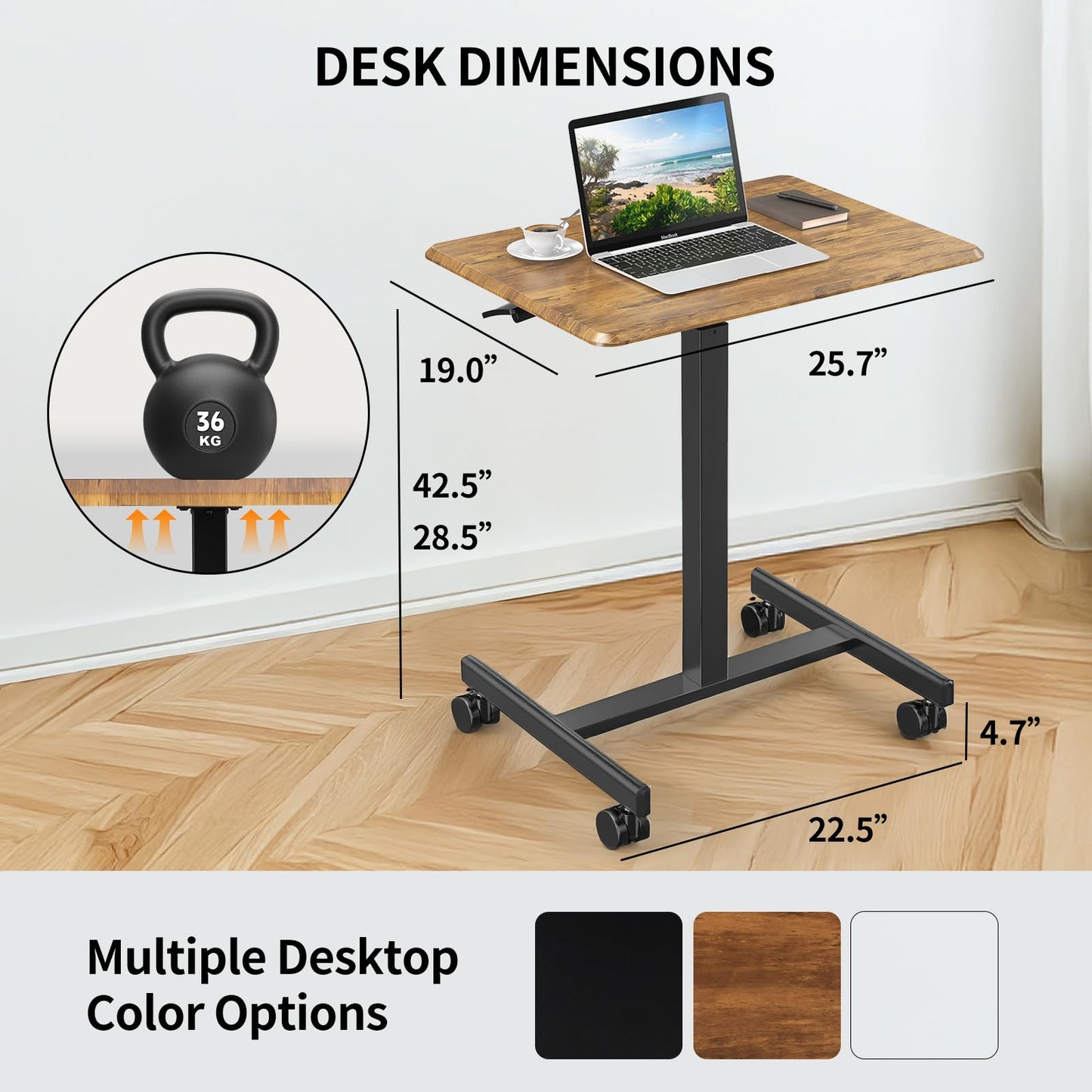 YSSOA Mobile Small Standing Desk - Rolling Desk with Adjustable Height and Lockable Wheels, Sit-Stand Laptop Table, Portable Computer Workstation, Brown