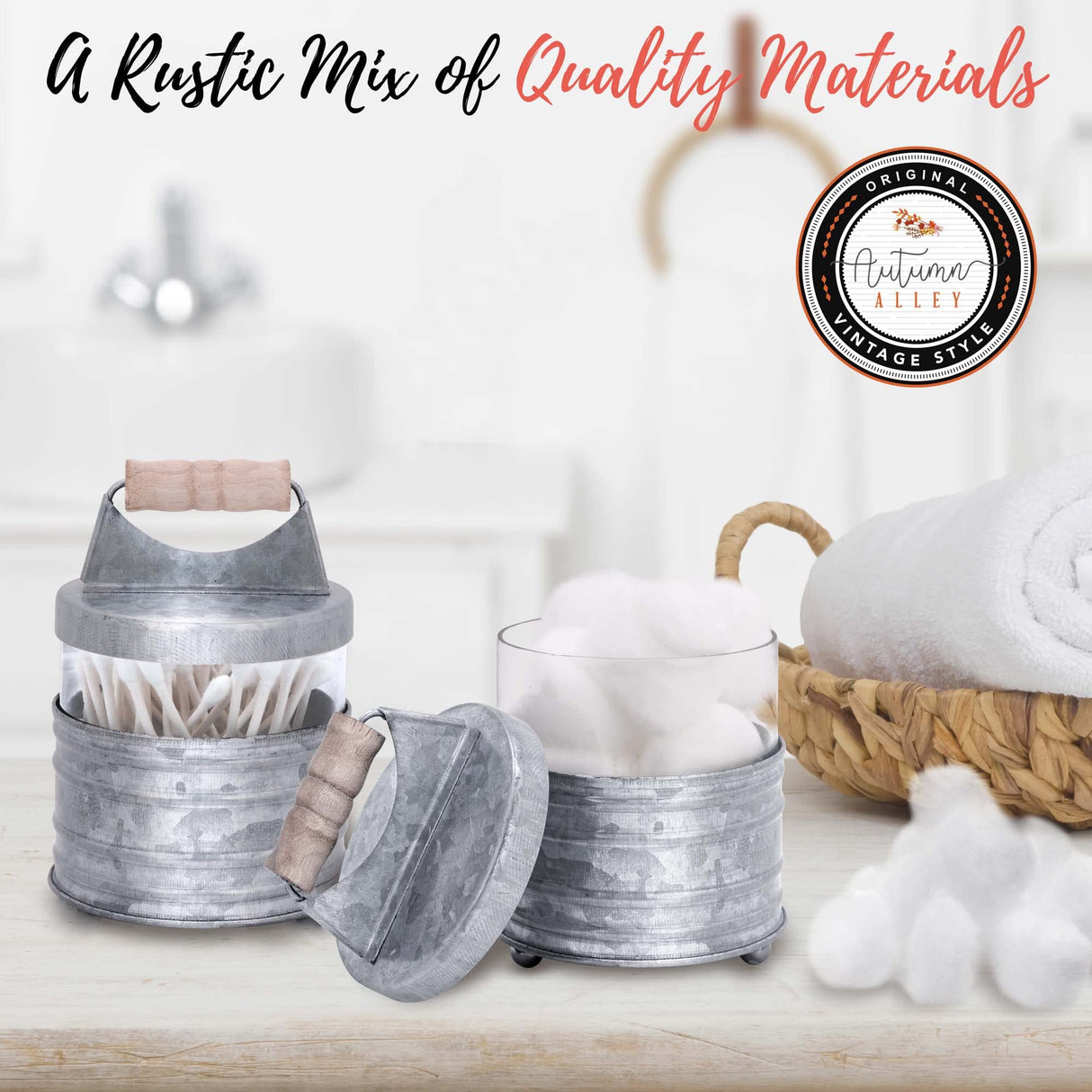 Autumn Alley Rustic Bathroom Accessories Set 4 - Galvanized Soap Dispenser, Rustic Toothbrush Holder, 2 Apothecary Jars Qtip Holder - Rustic Bathroom Decor – Farmhouse Bathroom Accessories Autumn Alley