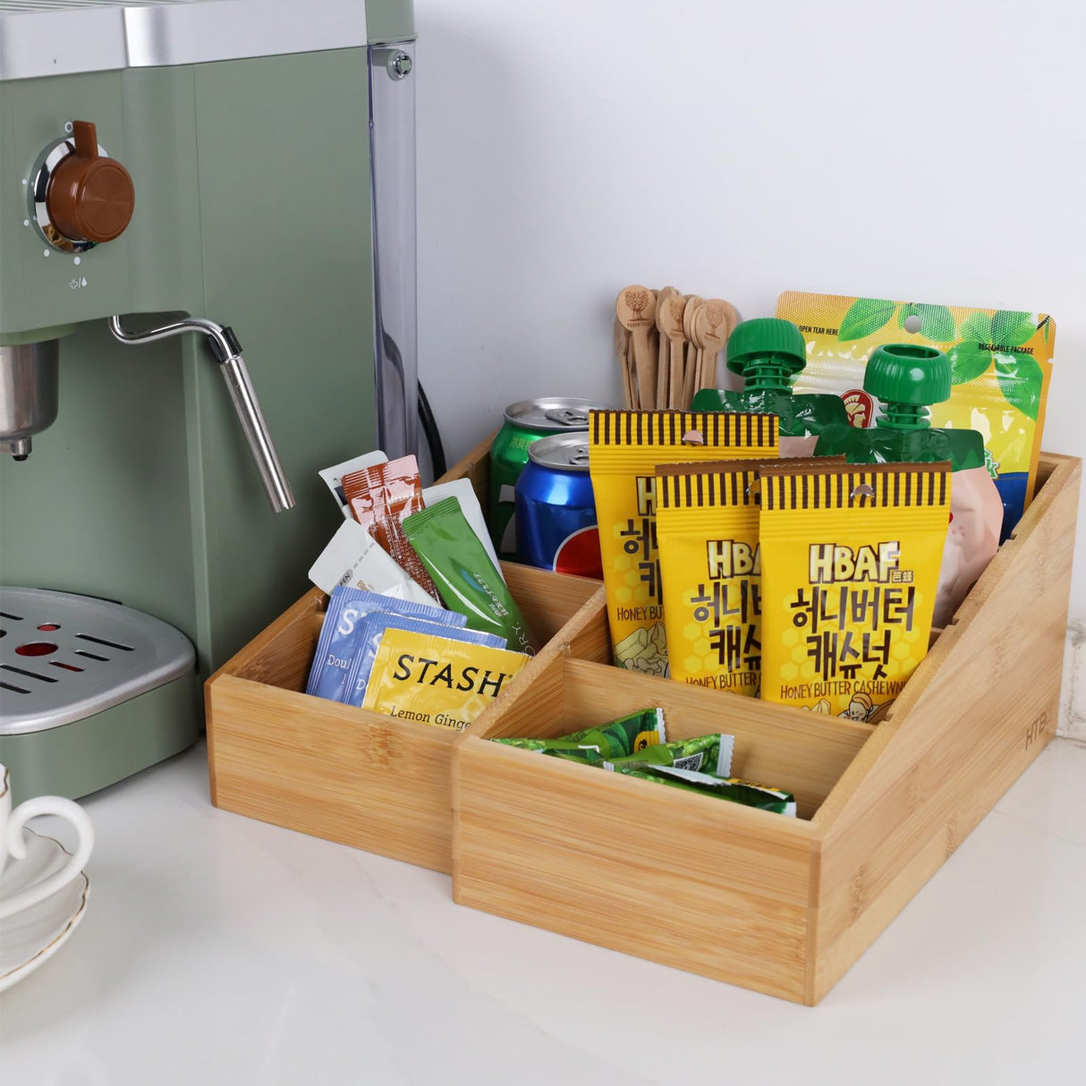 HTB 4-Section Snack Organizer with Removable Dividers for Kitchen, Cabinet, Office, Countertop, 2 Pack Bamboo Pantry Storage Organization for Spice Packets, Seasoning Pouches, Coffee Pods HTB