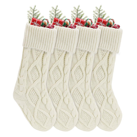 chamvis Christmas Stockings Cable Knitted Xmas Stockings, 4 Pack 18 Inches Fireplace Hanging White Christmas Stockings for Family Xmas Holiday, Christmas Tree, Fireplace Decorations chamvis