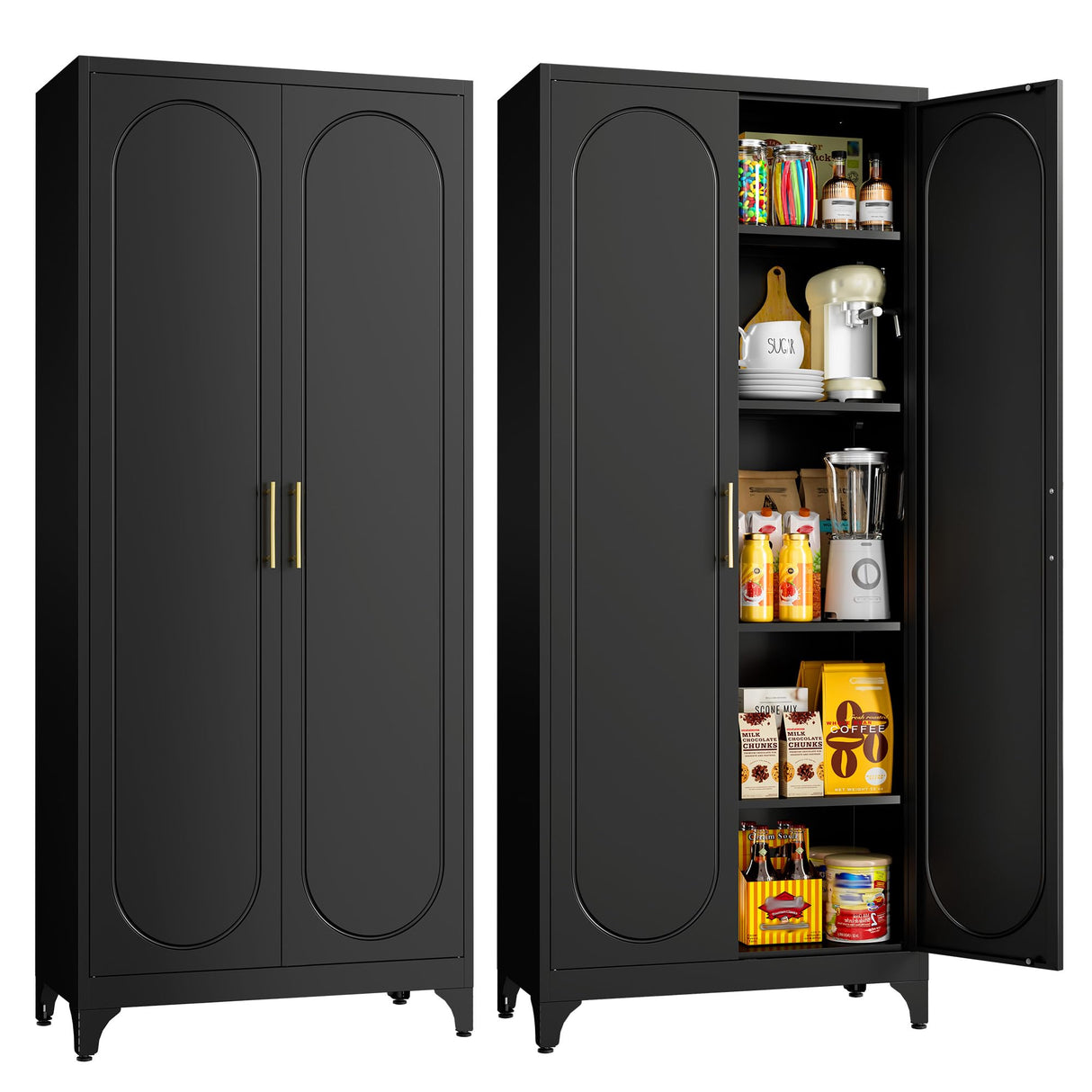 Metal Storage Cabinet with Doors, 75" Tall Kitchen Pantry Storage Cabinets, Black Pantry Cabinets with Adjustable Shelves, Home Office Cabinet, Large Cupboard, High Leveling Feet- Assembly Required MetalMax