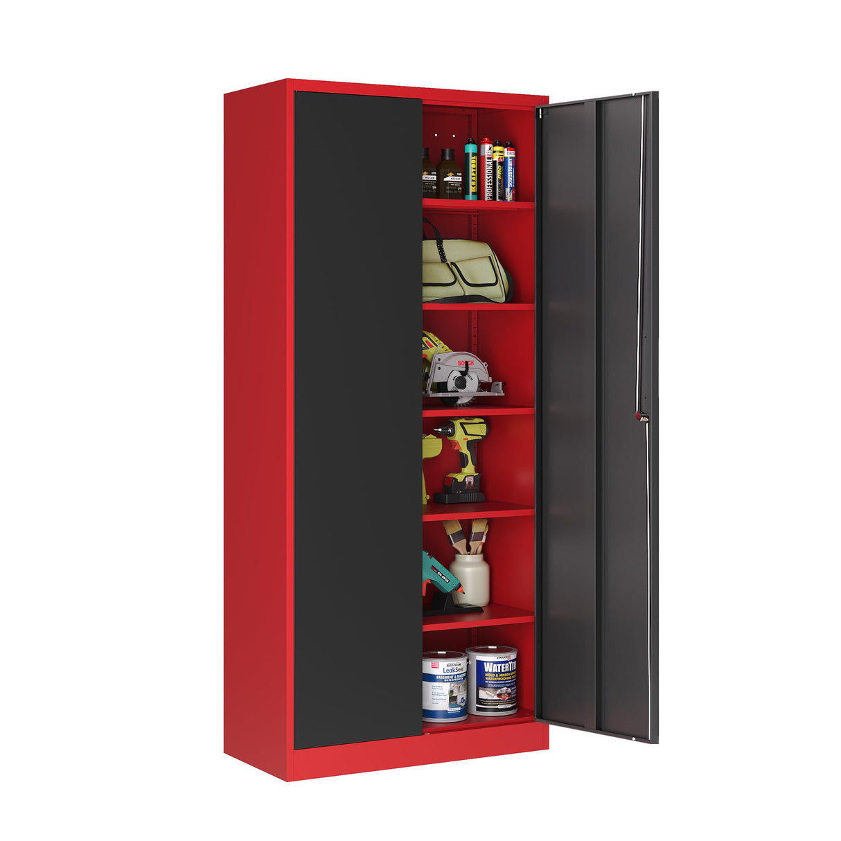 LISSIMO Metal Storage Cabinet with Lock,71 Inch Garage Cabinet with 2 Doors and 5 Adjustable Shelves,Steel Storage Cabinets for Garage,Home Office,Pantry,School(Red & Black) LISSIMO