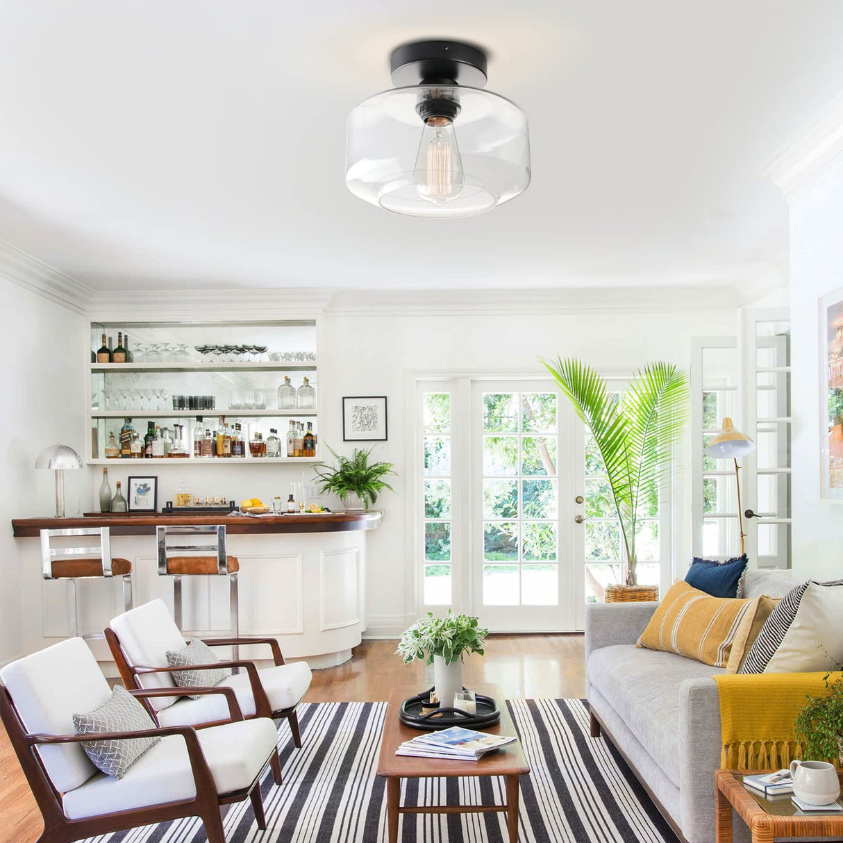 MAXvolador Industrial Semi Flush Mount Ceiling Light, Clear Glass Pendant Lamp Shade, Farmhouse Lighting for Hallway, Vintage Hanging Light Fixtures MAXvolador