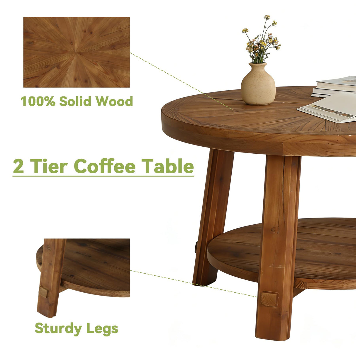 LITTLE TREE Solid Wood Coffee Table with Storage, 2-Tier Farmhouse Round Coffee Table for Living Room, Easy Assembly (Rustic Wood Color) LITTLE TREE