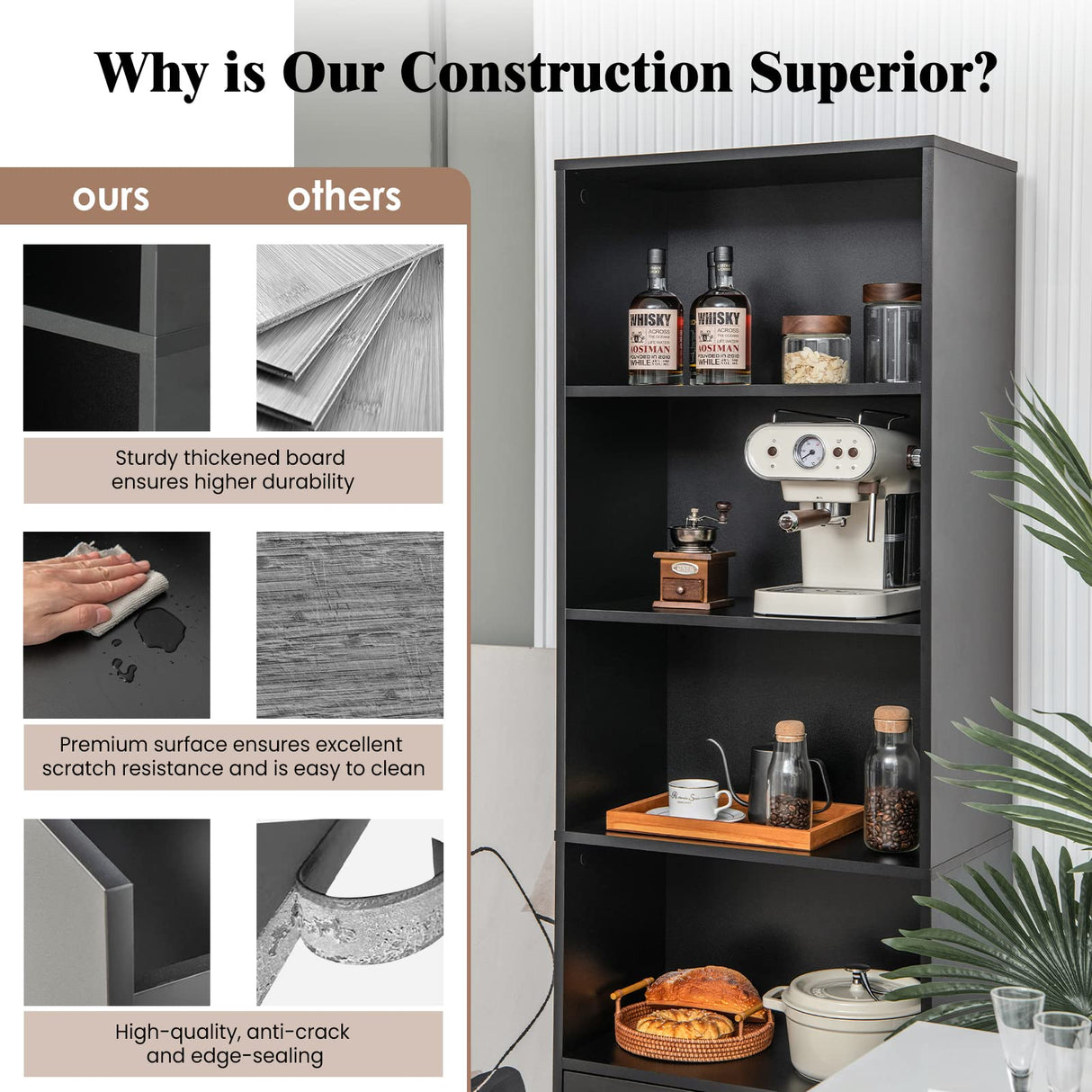 Giantex 74" Tall 4-Tier Bookcase with Drawers - Freestanding Black Narrow Bookcase with Anti-Tipping Kits, Wood Open Storage Display Cabinet, 4-Cube Bookshelf for Living Room, Bedroom, Office Giantex