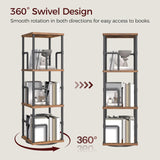 MAHANCRIS 3-Tier Rotating Bookshelf, Freestanding Corner Bookshelf, 360° Spinning Bookcase, Industrial Style Storage Rack with Rails, for Living Room, Bedroom, Study, Rustic Brown and Black BKHR1401 MAHANCRIS