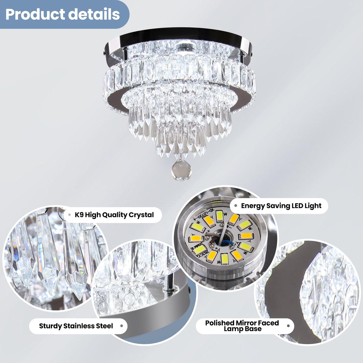 LEONTYNE 11.8 inch Crystal Chandeliers Modern Crystal Ceiling Light LED Chandeliers Semi Flush Mount Chandelier Light for Bedrooms Dining Living Room Hallway (6500K Cool White Light) LEONTYNE