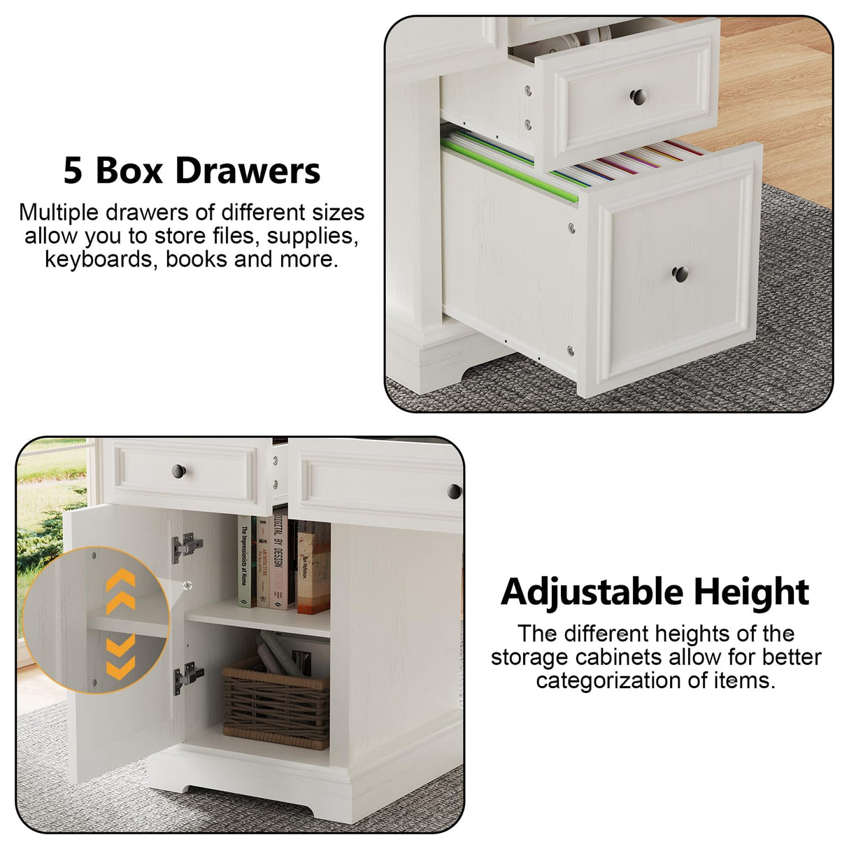 Sunny Heart 60" Executive Desk, Farmhouse Wood Computer Office Desk with Drawers & Cabinet, Rustic Home Office Desk Workstation for Home, Study, Work, Writing, Antique White Sunny Heart