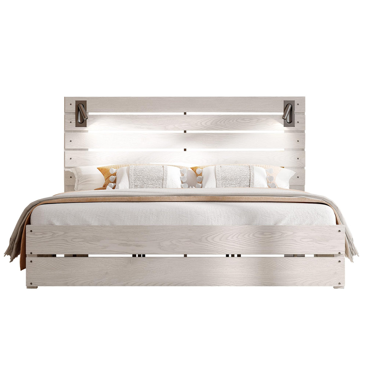 Jocisland King Size Farmhouse Bed Frame with 51" Headboard, LED Lights, Rustic Wood Look, No Box Spring Needed, Ash White Jocisland