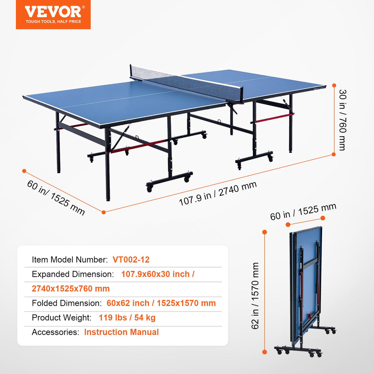 VEVOR Ping Pong Table, Professional Table Tennis Game, Indoor MDF Portable Table Tennis Table, Foldable Ping Pong Table with Quick Clamp Net and Lockable Wheel, 10 Minute Easy Assembly, 12mm Tabletops VEVOR