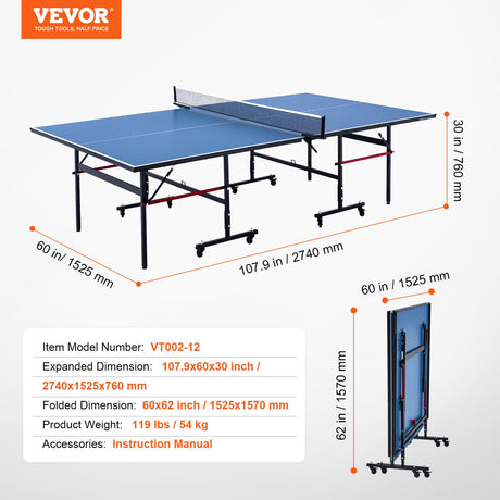 VEVOR Ping Pong Table, Professional Table Tennis Game, Indoor MDF Portable Table Tennis Table, Foldable Ping Pong Table with Quick Clamp Net and Lockable Wheel, 10 Minute Easy Assembly, 12mm Tabletops VEVOR