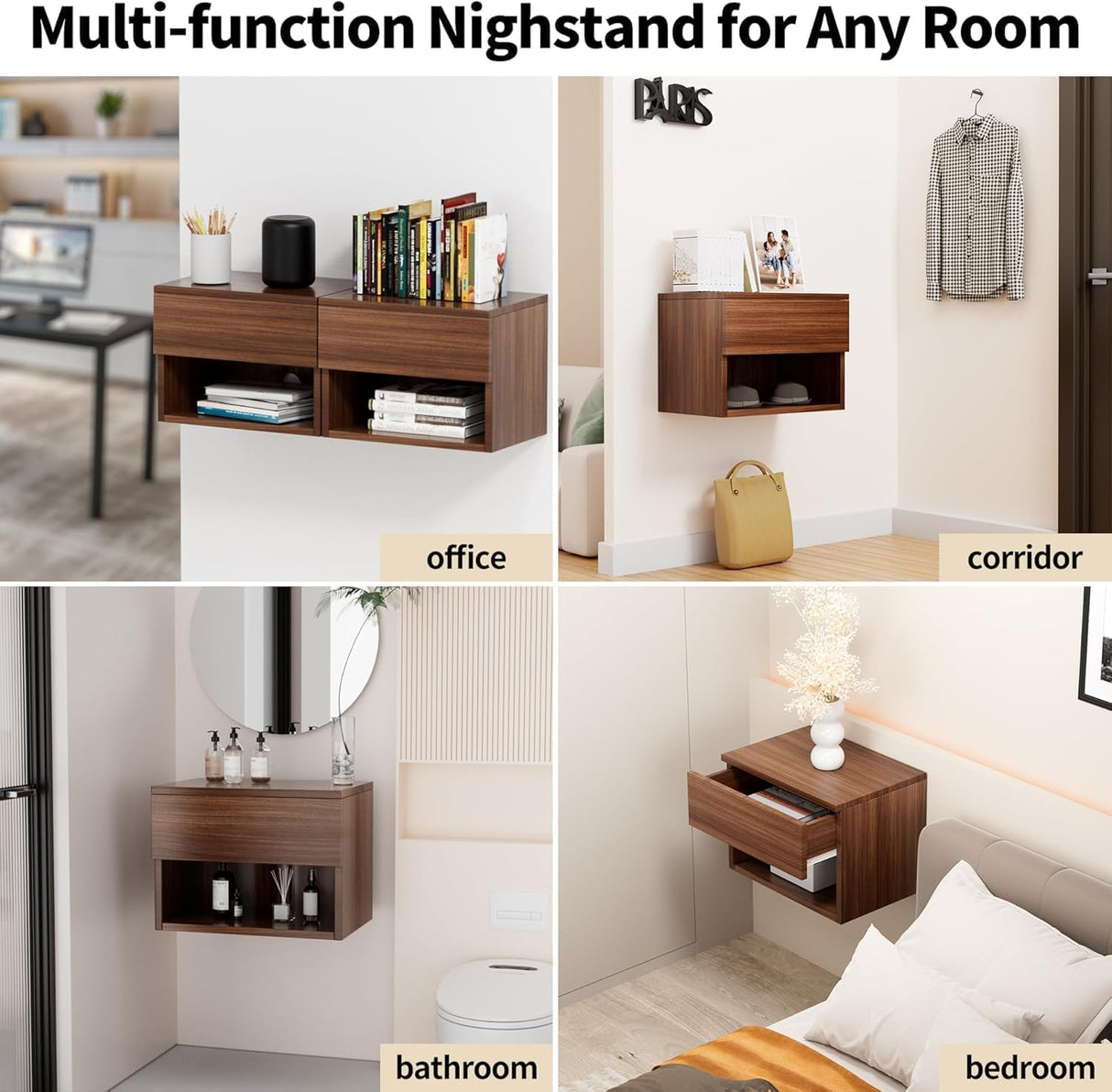 Floating Nightstand, Modern Wall Mounted Bedside Table with Drawer, Wood Bedside Shelf & Desk, End Table Wood Modern Night Stand for Bedroom (Walnut UI1, Set of 2) Kiseely