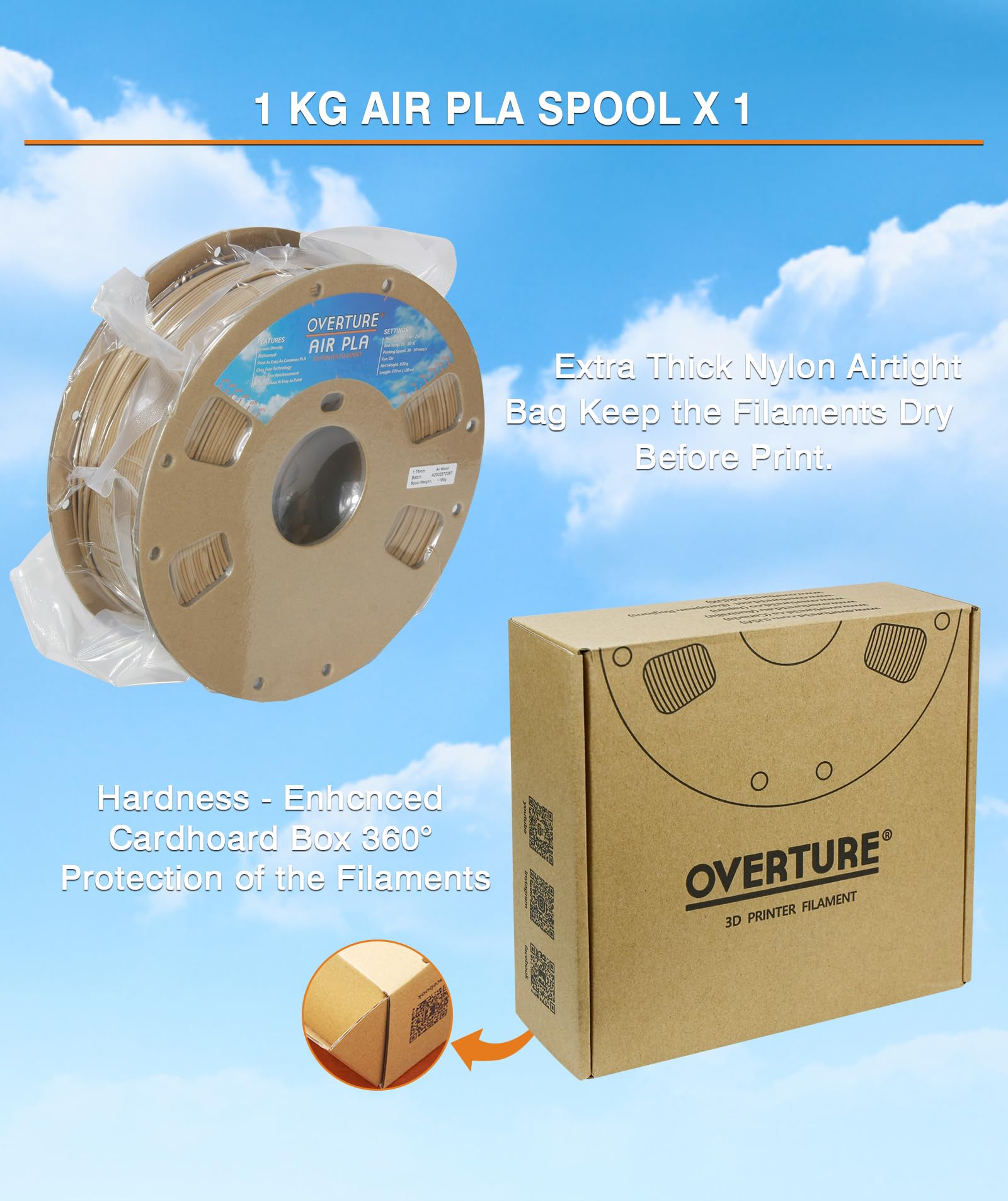 OVERTURE Air PLA Filament, Pre-Foamed PLA Low-Density, Lightweight PLA, Cardboard Spool, 0.82kg(1.8lbs), Dimensional Accuracy +/- 0.02mm (Wood) - WoodArtSupply