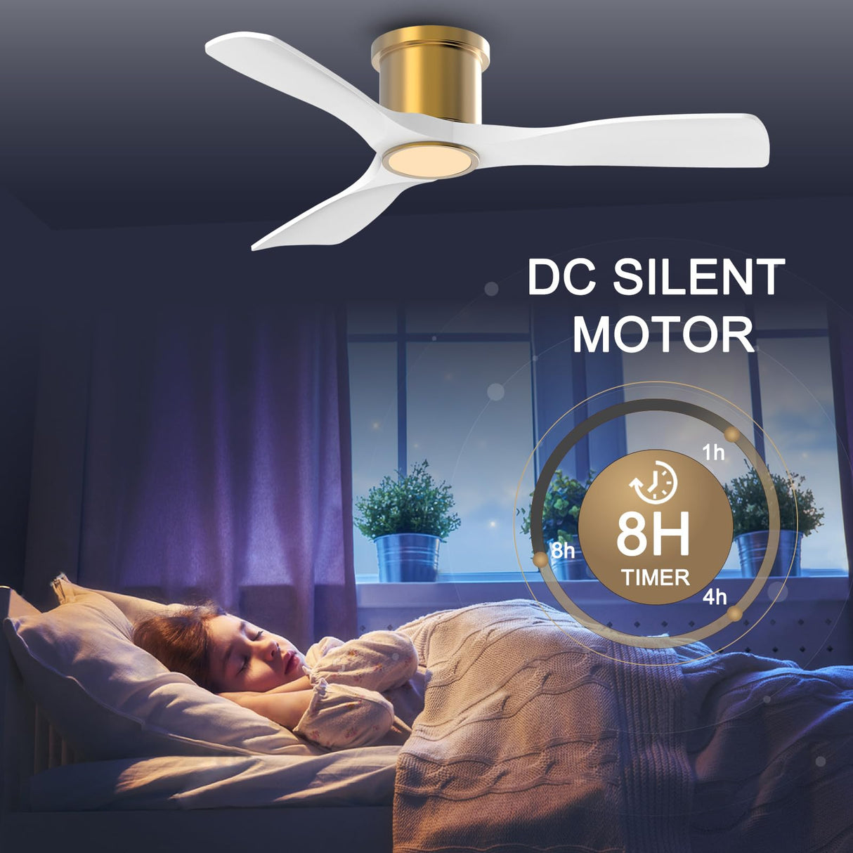 OFANTOP 52 Inch Smart Ceiling Fan with Light and Remote, Indoor 3 Blade White Gold Low Profile Flush Mount Modern Ceiling Fan for Bedroom Living Room OFANTOP