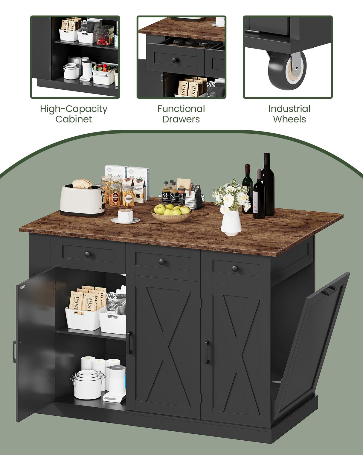 CHOEZON 51.2" Movable Kitchen Island Table with Foldable Top, Kitchen Island Cart with Storage, Trash Bin Cabinet, 2 Drawers, Spice Rack, Shelf Adjustable, Black and Rustic Brown MZD03BF CHOEZON