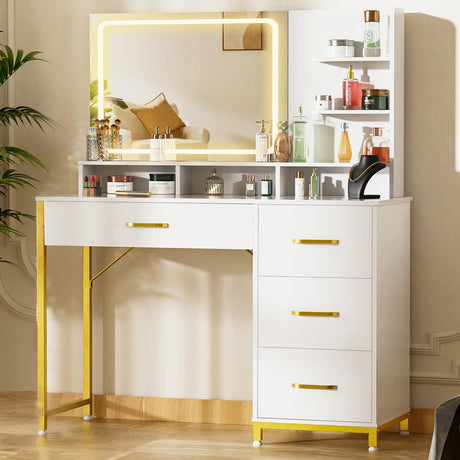 COMHOMA Vanity Desk with Mirror and Lights, Makeup Vanity Table with 4 Drawers & Storage Shelves, Large HD Mirror, 3 Color Modes & Adjustable Brightness, Modern Dressing Table for Bedroom, White COMHOMA