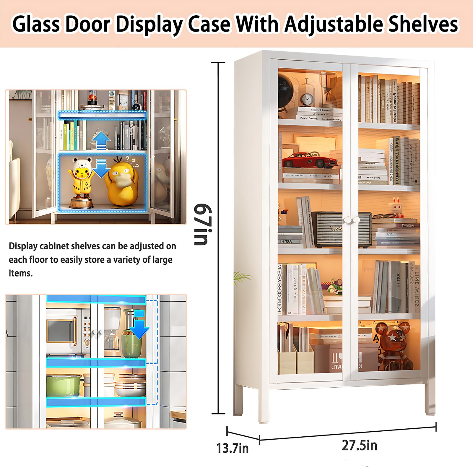 TVMCNA 67" Curio Display Cabinet for Collectibles 5 Tier Metal Storage Cabinet Curio Cabinet with Glass Doors, Tall Display Case Bookshelf with Doors for Living Room, Kitchen, Pantry - WoodArtSupply