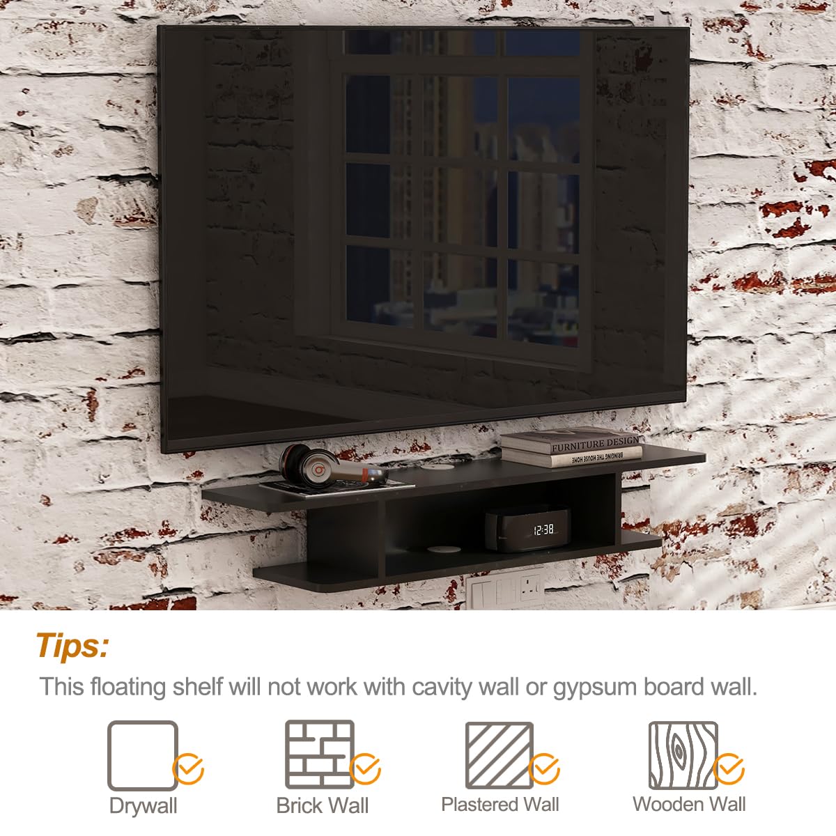 GHC Floating TV Stand, Wall Mounted Entertainment Center and Cabinet Shelf, TV Console with Storage, Media Console for DVD Player, Space-Saving Under TV Shelf for Bedroom, Living Room (Black) GHC