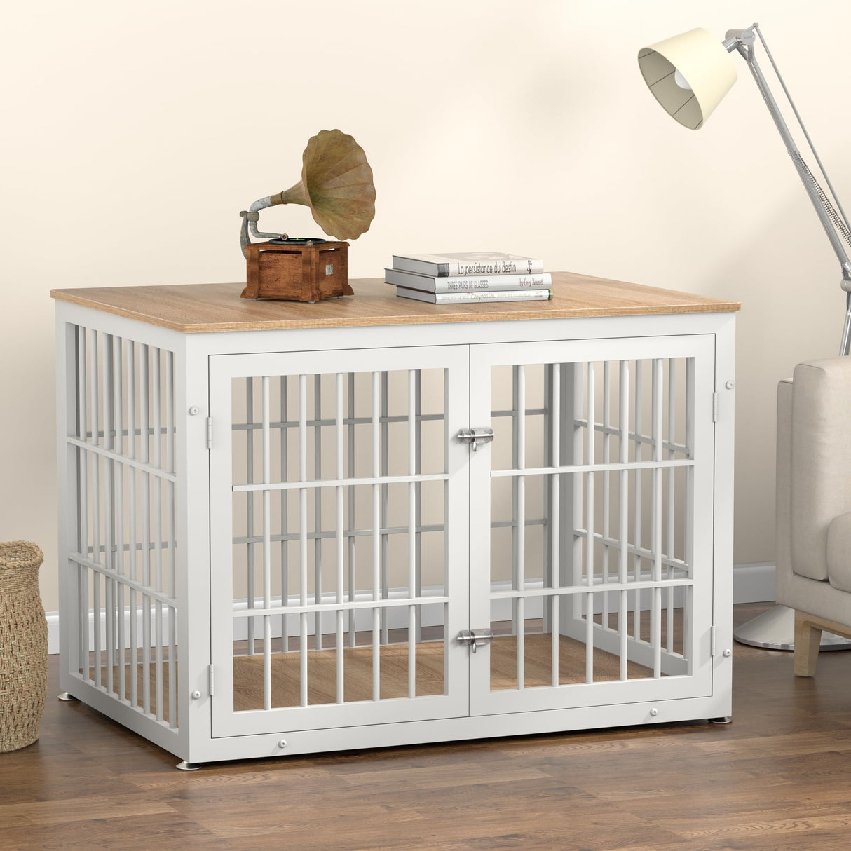 rehomerance Heavy Duty Dog Crate Furniture for Large and Medium Dogs, Decorative Pet House End Table, Wooden Cage Kennel Indoor, White and Natural rehomerance