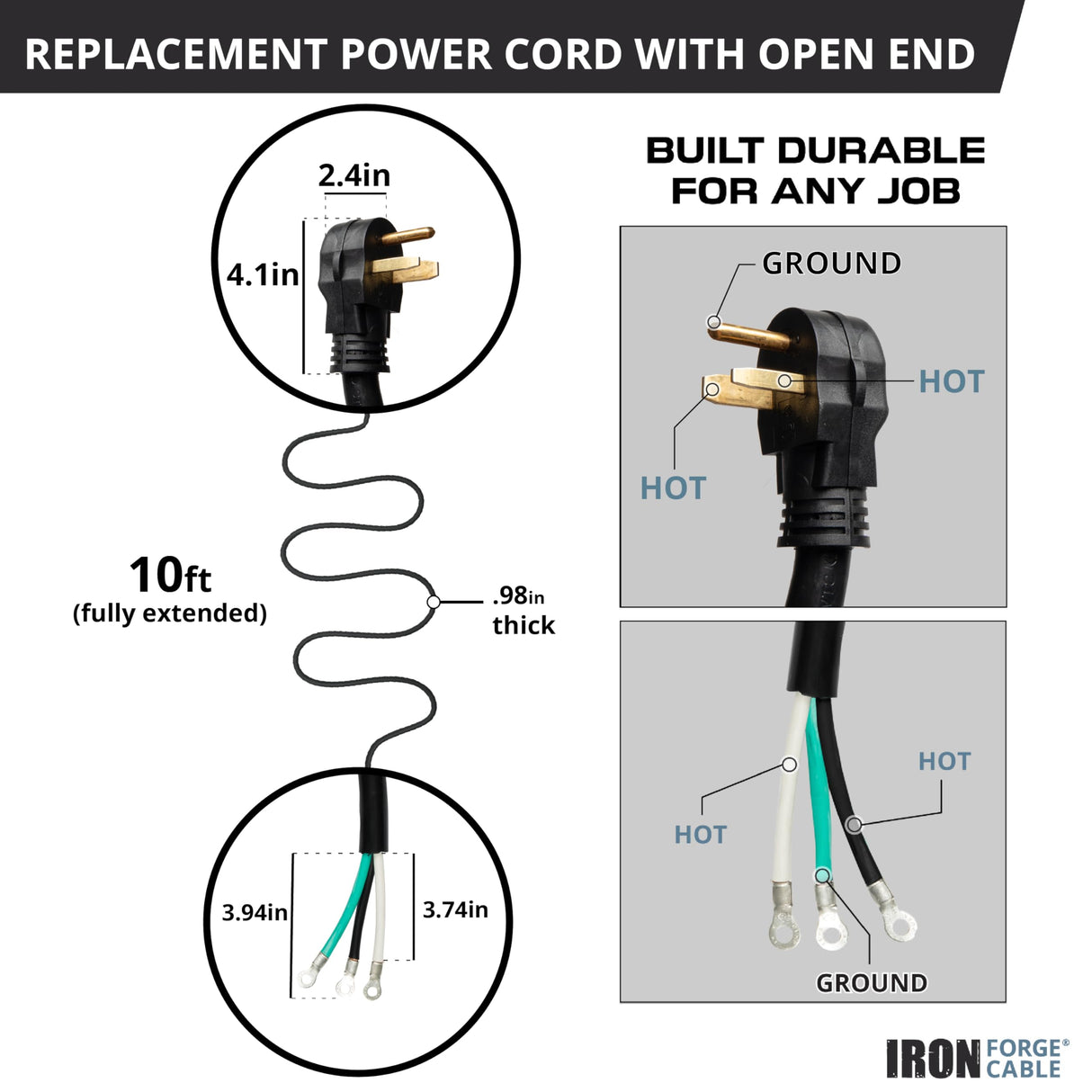 Iron Forge Cable NEMA EV Extension Cord 10 Ft with Open End, 50 Amp Power Cord with Eyelet 3 Wire 6/3 Gauge Replacement Cable, NEMA 6-50 Plug STW 250V for Level 2 EV Charger & Welder UL Certified IRON FORGE CABLE