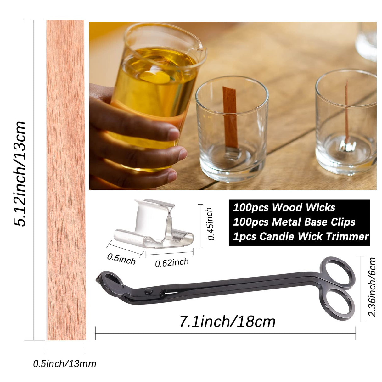 200Pcs Wooden Candle Wicks,Wood Candle Wicks Smokeless 5.1 x 0.5 Inch Natural Wood Wicks for Candles with Golden Candle Wick Trimmer and Iron Stand for DIY Candle Making (100 Set) Afnkiom